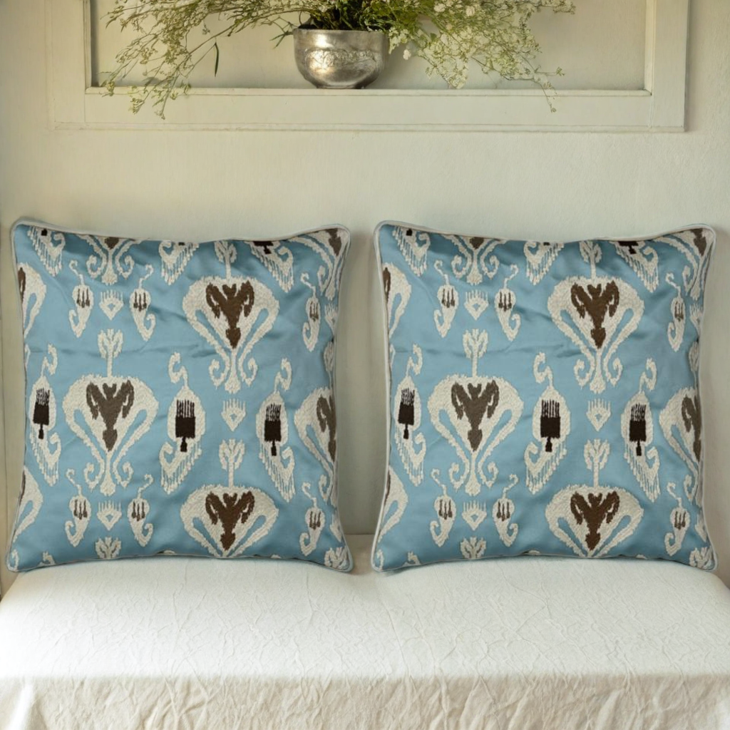 Blue & Ivory Embroidered Cushion Covers, Tafta Silk (16"x16")