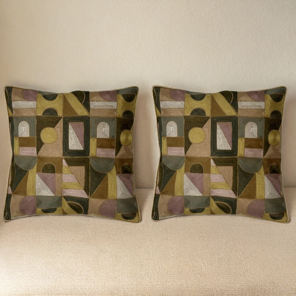 Brown & Gold Embroidered Cushion Covers, Tafta Silk (16"x16")