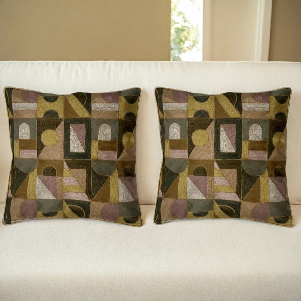 Brown & Gold Embroidered Cushion Covers, Tafta Silk (16"x16")