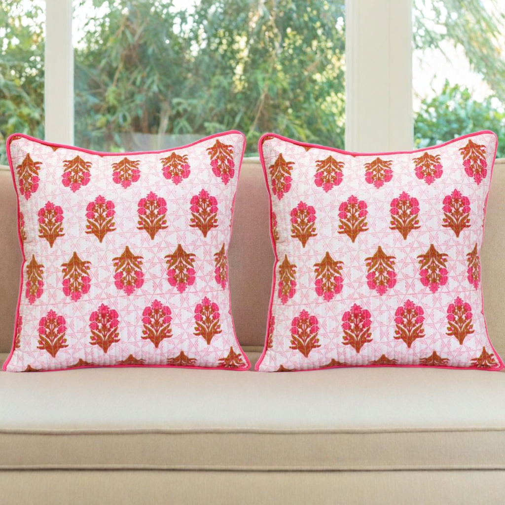 Pink Floral Motif Cushion Covers, 200TC Cotton (16"x16")