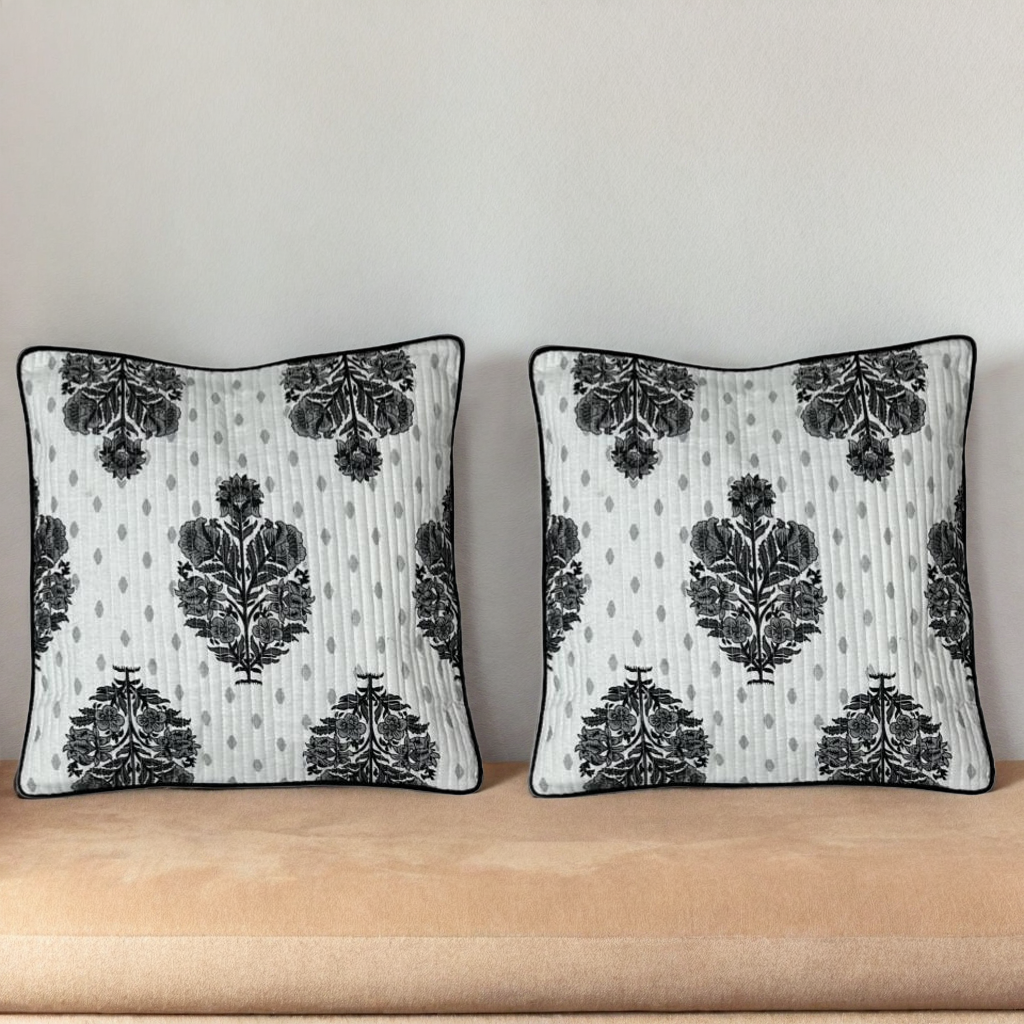 Black Floral Motif Cushion Covers, 200TC Cotton (16"x16")