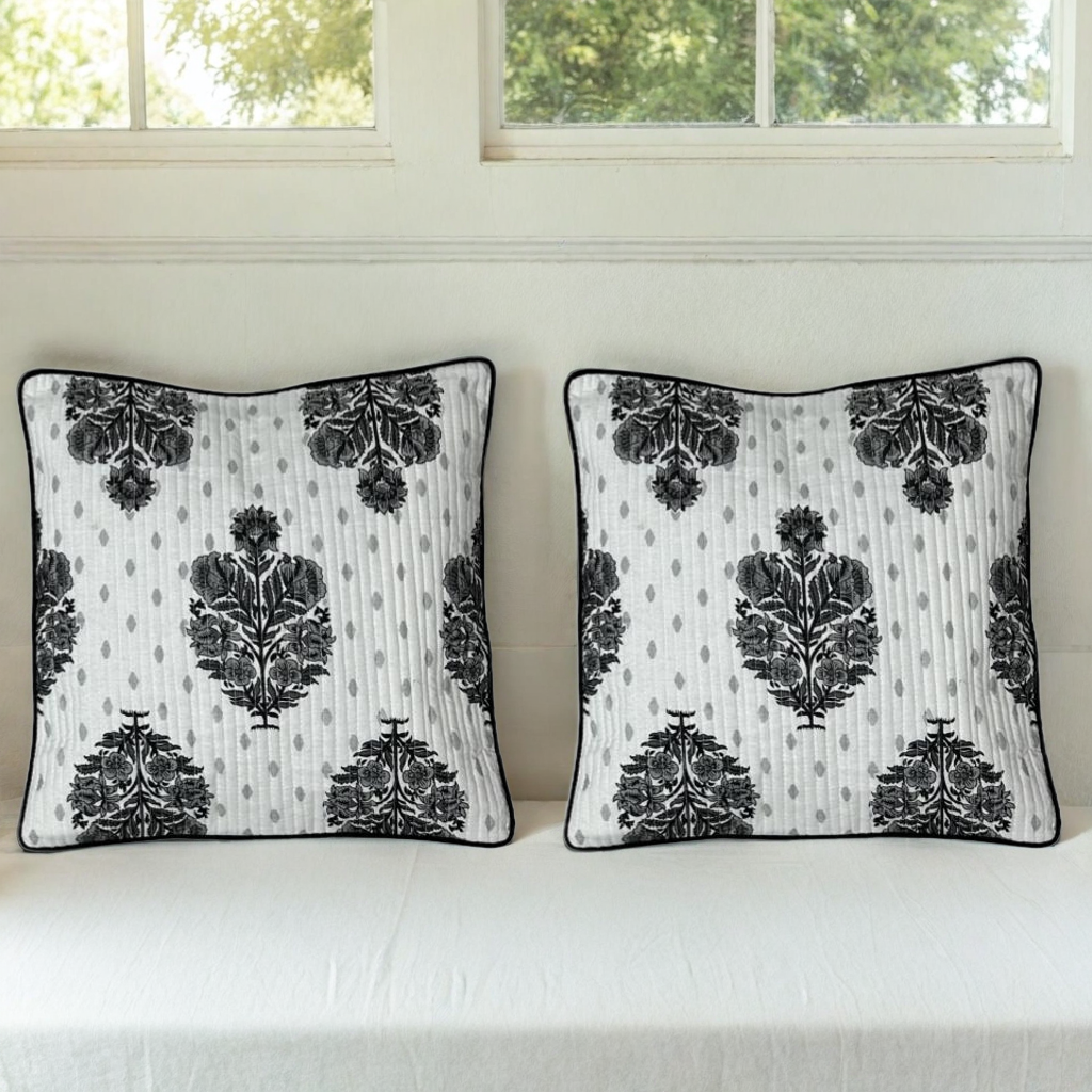 Black Floral Motif Cushion Covers, 200TC Cotton (16"x16")