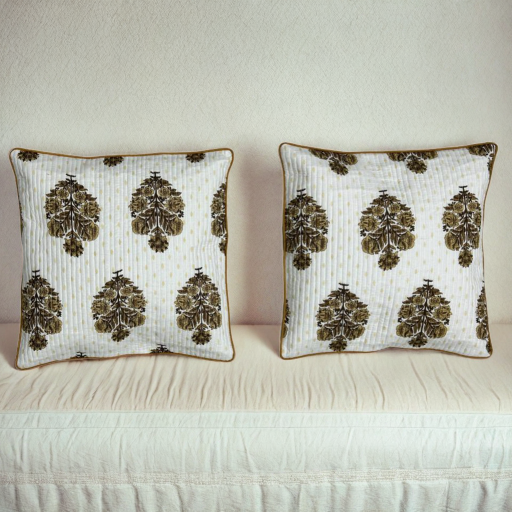 Brown Floral Motif Cushion Covers, 200 Thread Count Cotton (16"x16")