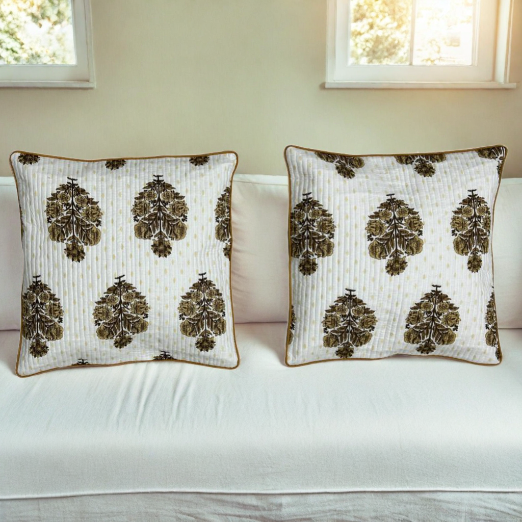 Brown Floral Motif Cushion Covers, 200 Thread Count Cotton (16"x16")