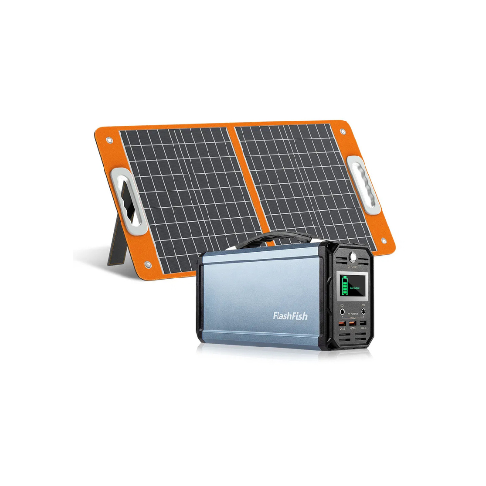 300W Solar Generator, FlashFish 60000mAh Portable Power Station Camping Potable Generator with 60W 18V Portable Solar Panel, Flashfish Foldable Solar Charger with 5V USB 18V DC Output
