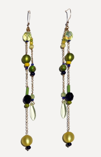 Boucles d'oreilles argent et perles jaunes, vertes et bleues
