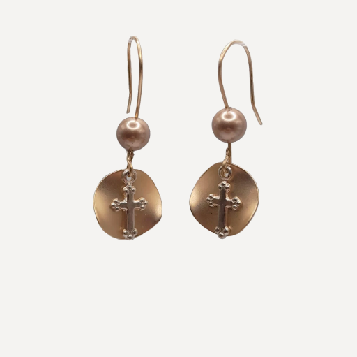 Boucles d'oreilles croix argent avec sequin doré et perle Swarovski®Elements