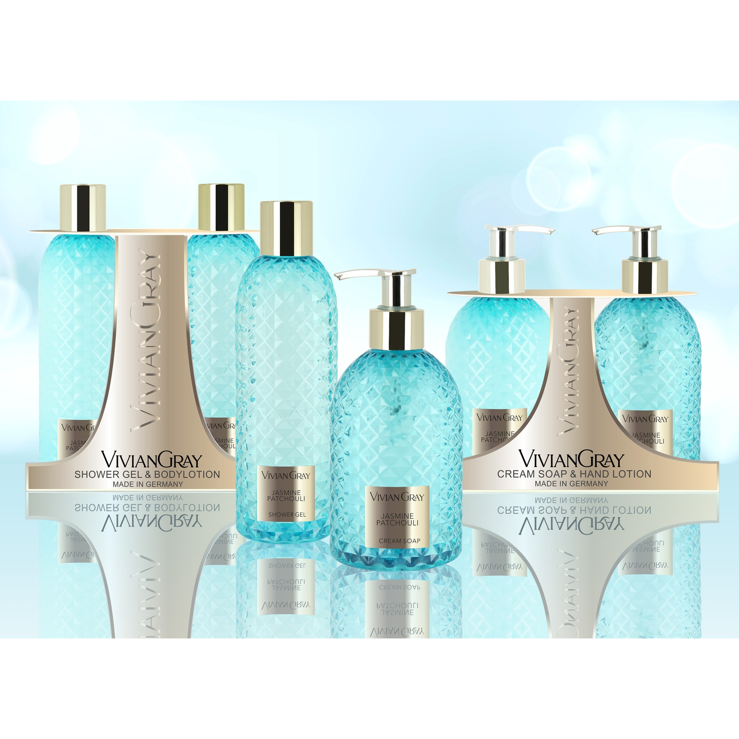 Soap dispenser with cream soap Gemstone, Jasmine & Patchouli, turquoise/gold (300 ml)