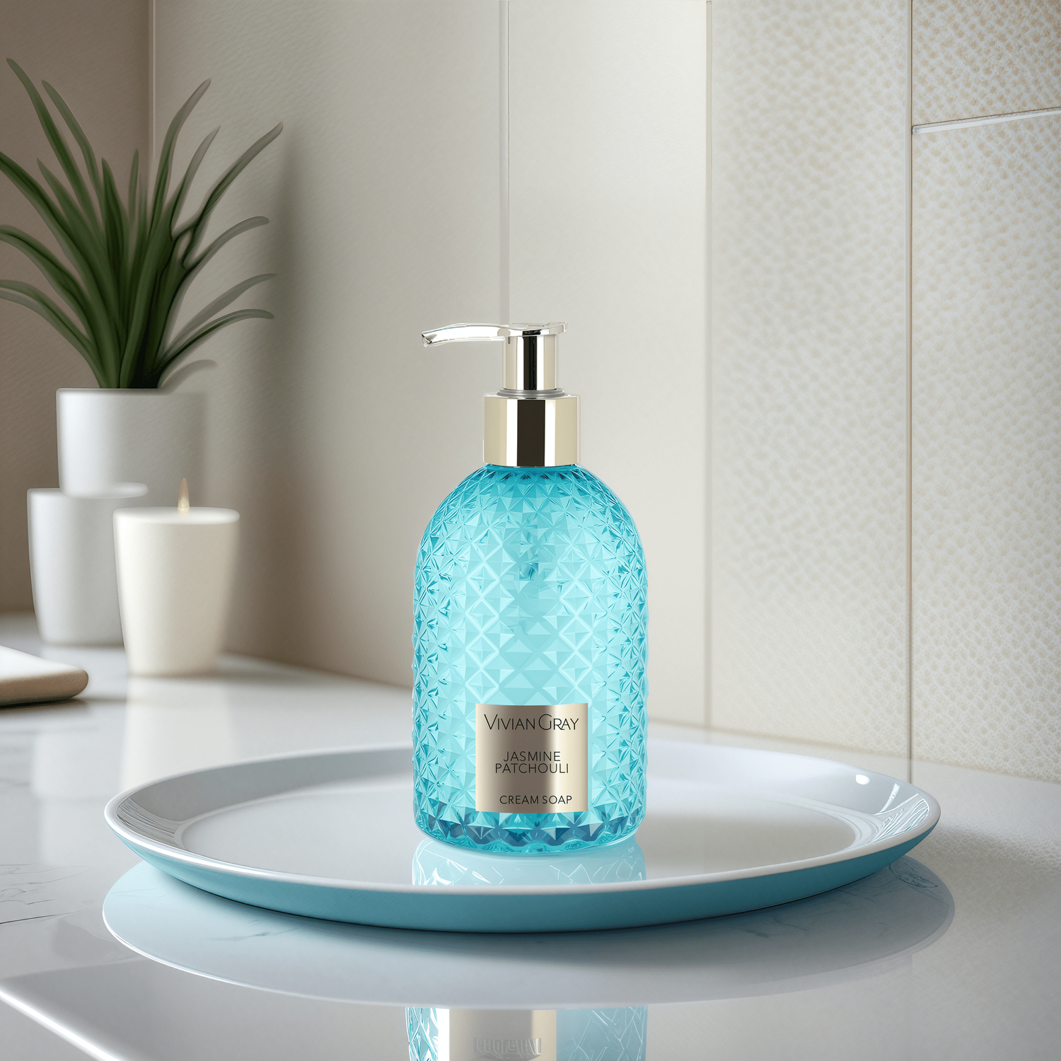 Soap dispenser with cream soap Gemstone, Jasmine & Patchouli, turquoise/gold (300 ml)