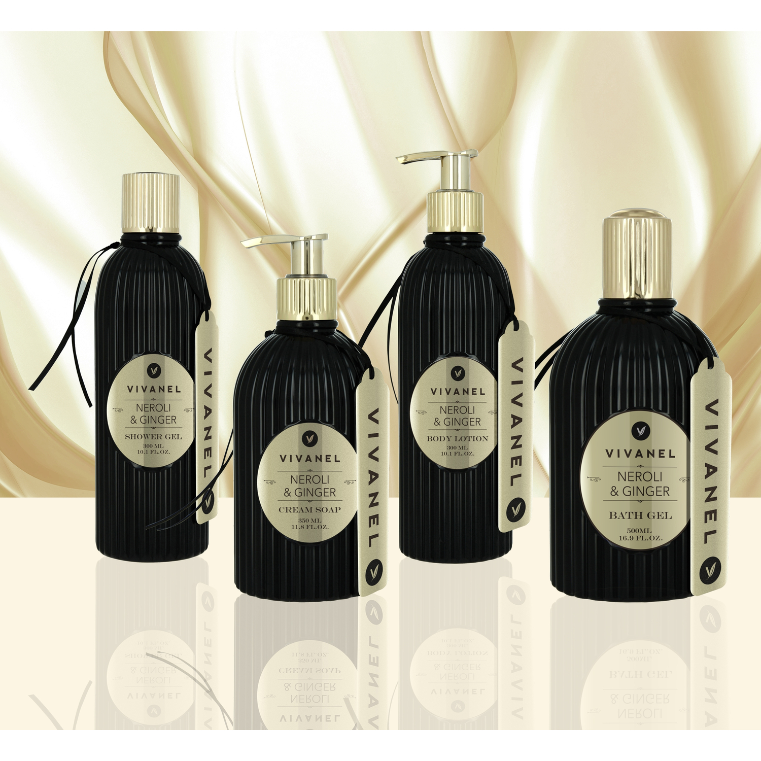 Soap dispenser with cream soap Neroli & Ginger, Orange Blossom & Ginger, black/gold (350 ml)