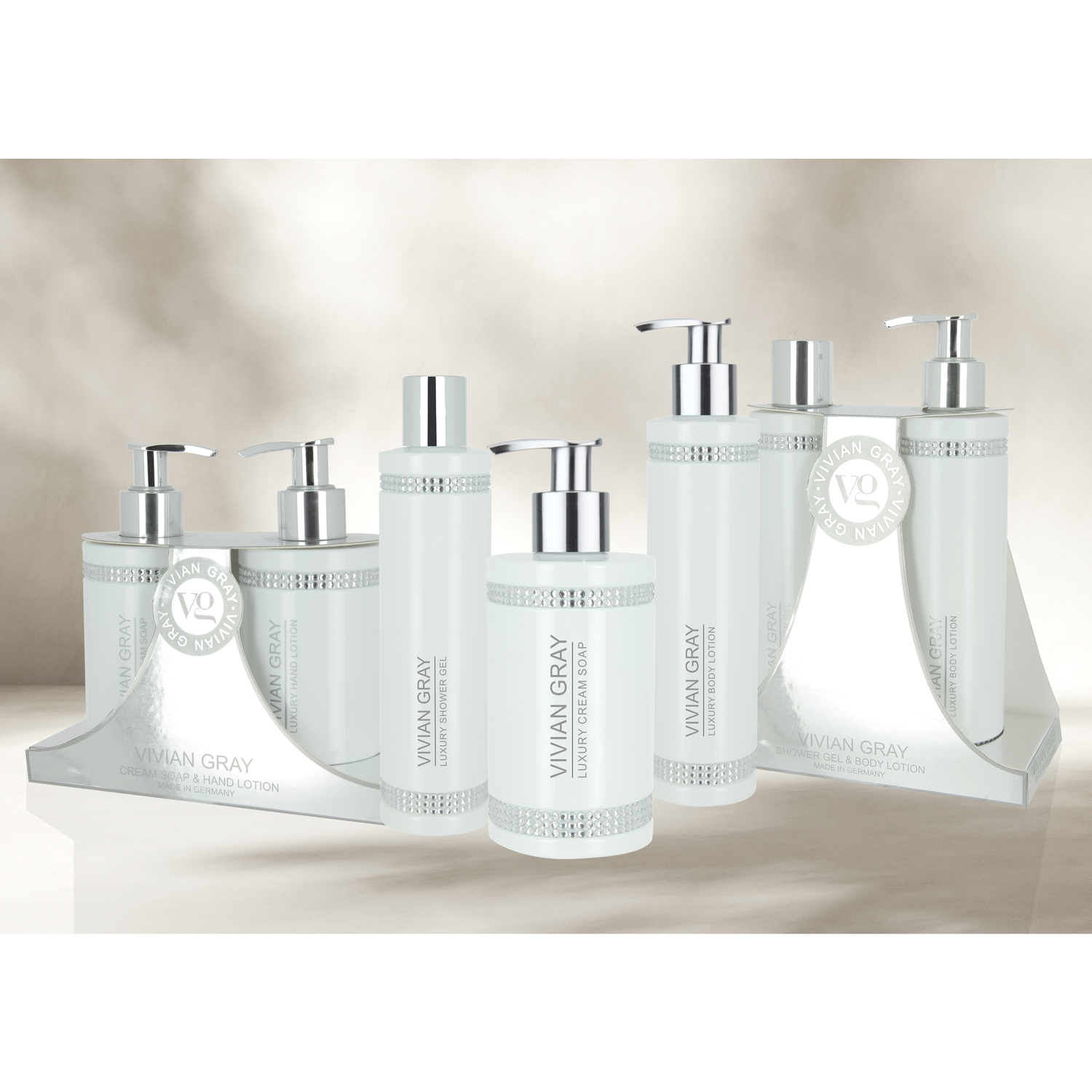 Soap dispenser with cream soap White Crystals, green tea with citrus notes, white/silver (250 ml)