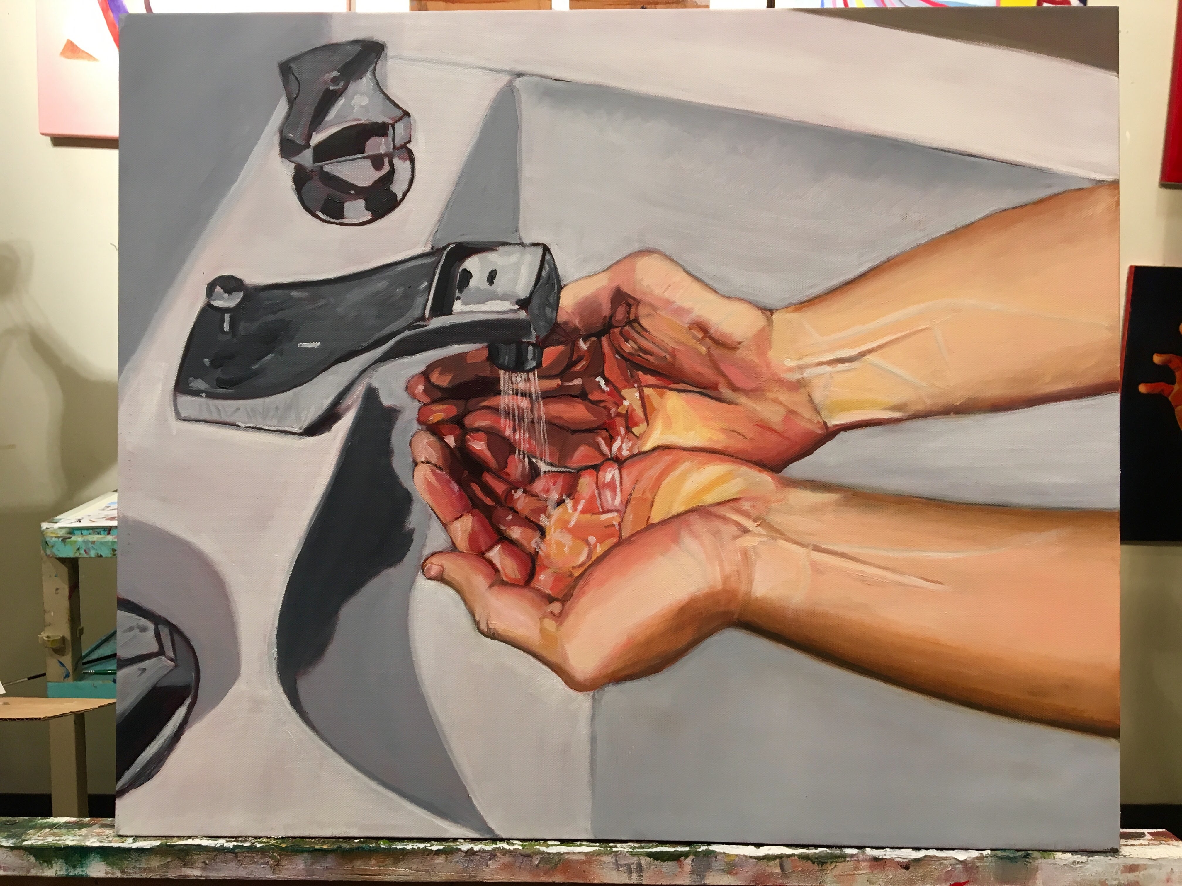 Red Hands Catching Water (18" x 24" x 0.75")
