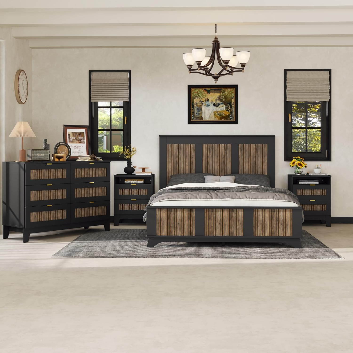 4 Piece Queen Bedroom Set, Queen Size Platform Bed with Wooden Strip Stickers Decoration, 2 Nightstands and Dresser, 4 Piece Farmhouse Bedroom Furniture Set, Black