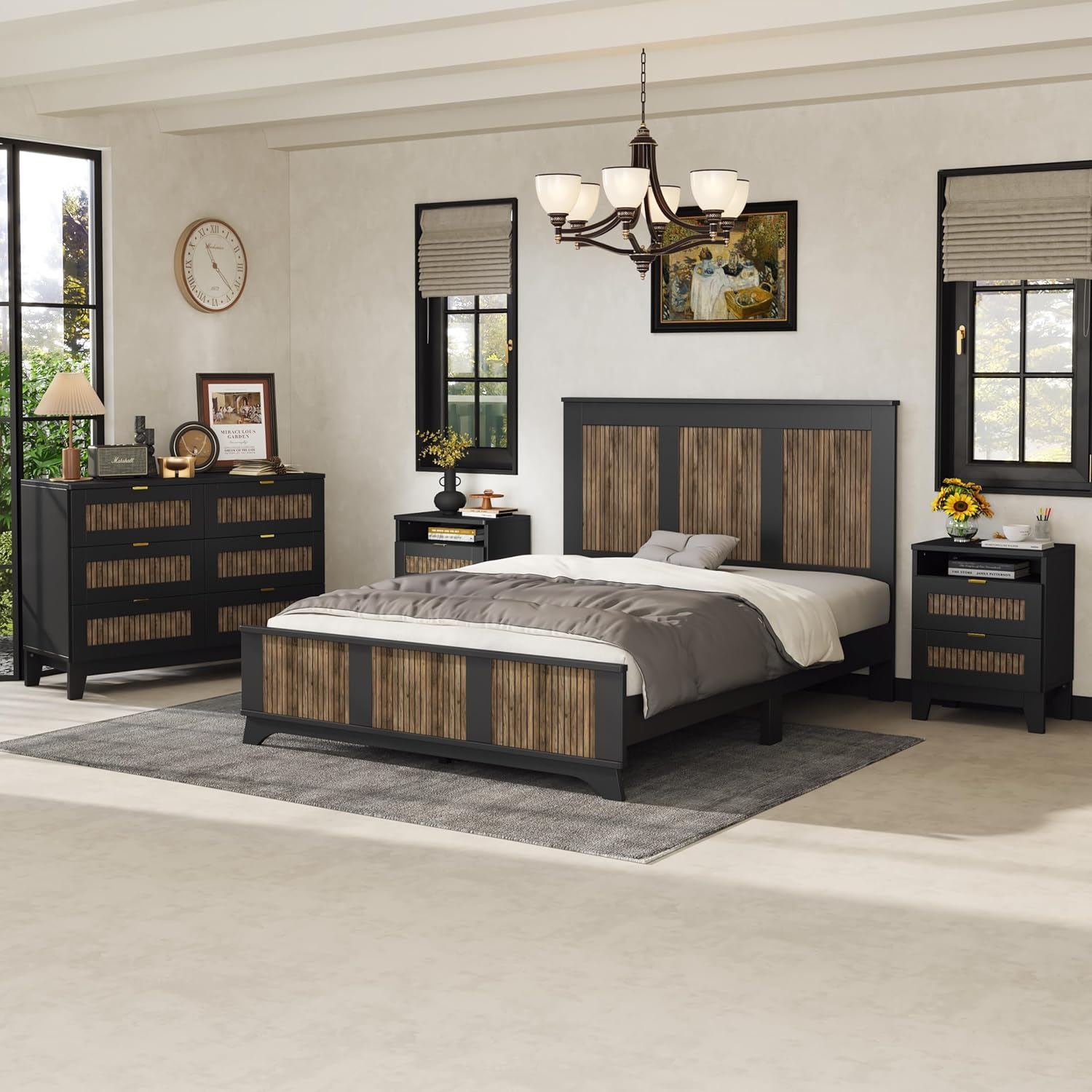 4 Piece Queen Bedroom Set, Queen Size Platform Bed with Wooden Strip Stickers Decoration, 2 Nightstands and Dresser, 4 Piece Farmhouse Bedroom Furniture Set, Black