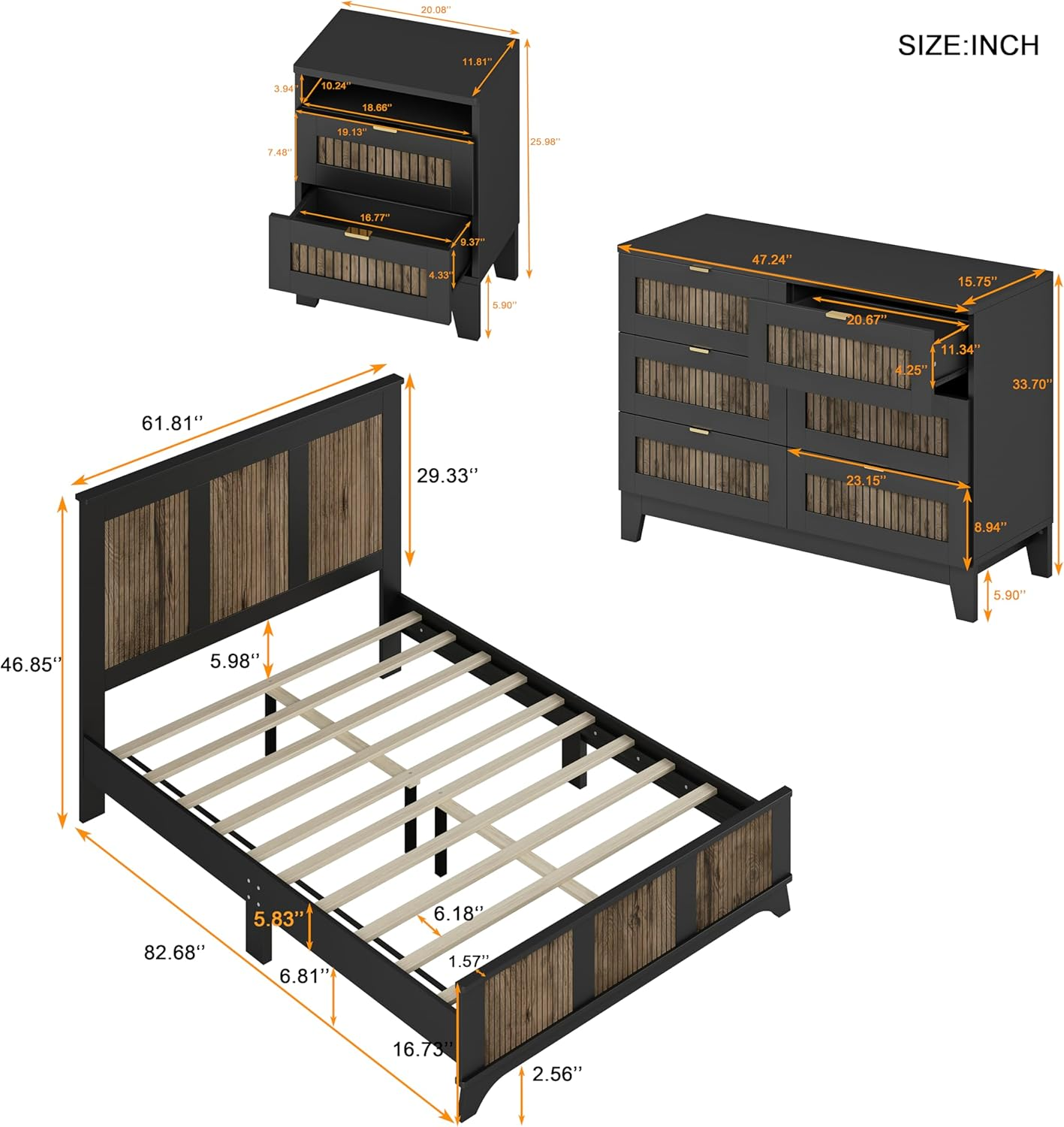 4 Piece Queen Bedroom Set, Queen Size Platform Bed with Wooden Strip Stickers Decoration, 2 Nightstands and Dresser, 4 Piece Farmhouse Bedroom Furniture Set, Black