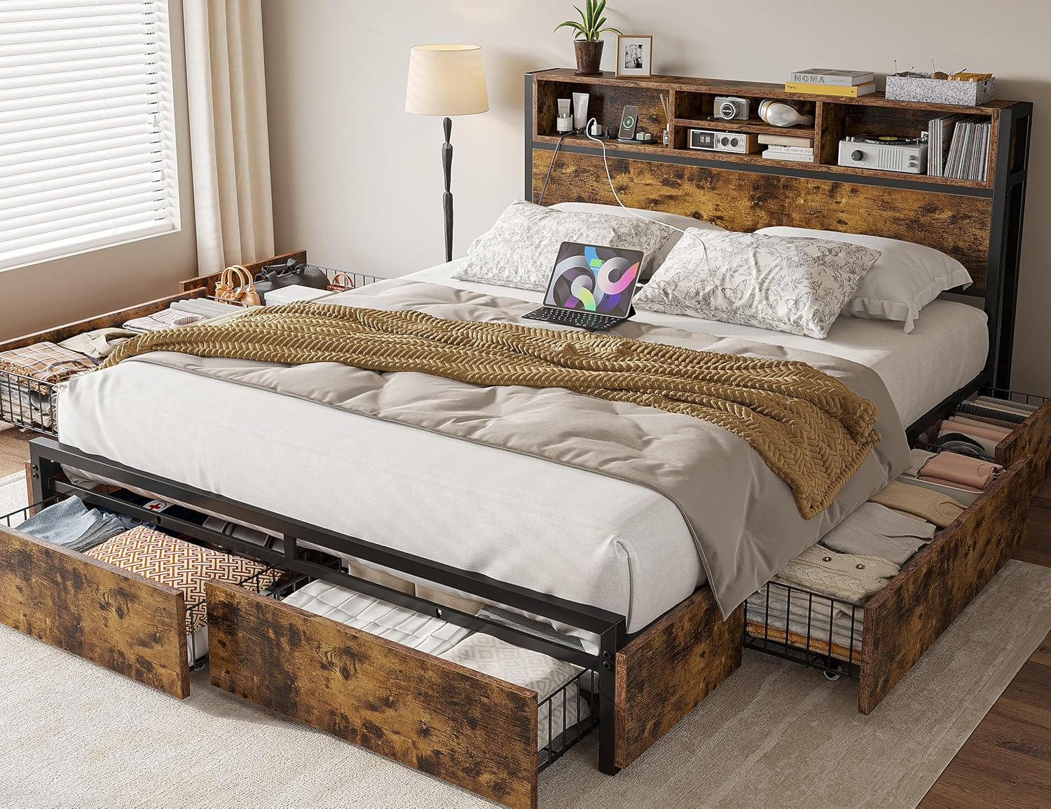 Bed Frame with 6 Storage Drawers Queen Bed Frame with Headboard, with Charging Station, No Noise,No Box Springs Needed,Vintage Brown