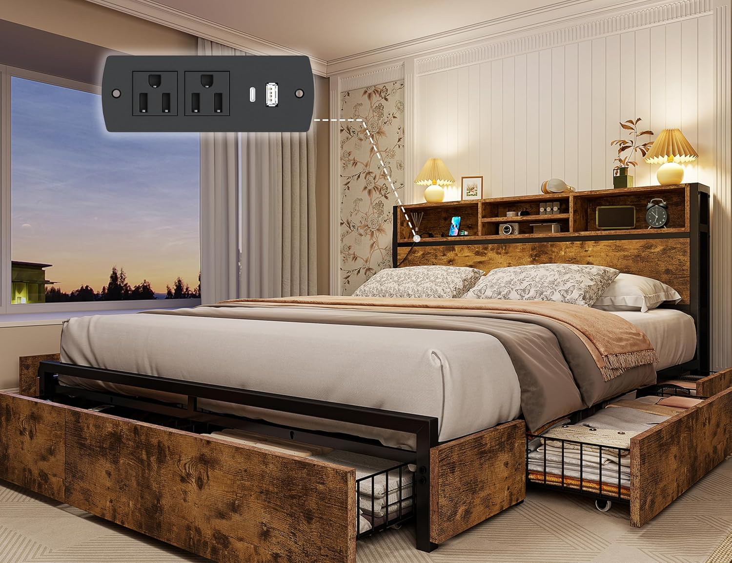 Bed Frame with 6 Storage Drawers Queen Bed Frame with Headboard, with Charging Station, No Noise,No Box Springs Needed,Vintage Brown
