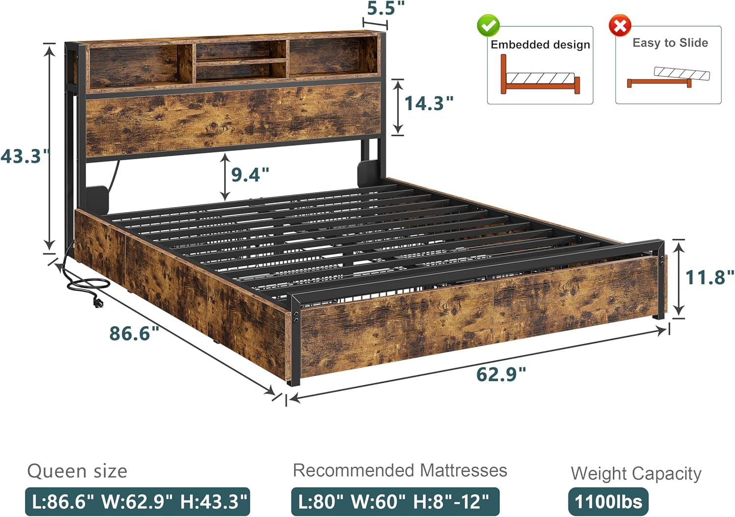 Bed Frame with 6 Storage Drawers Queen Bed Frame with Headboard, with Charging Station, No Noise,No Box Springs Needed,Vintage Brown