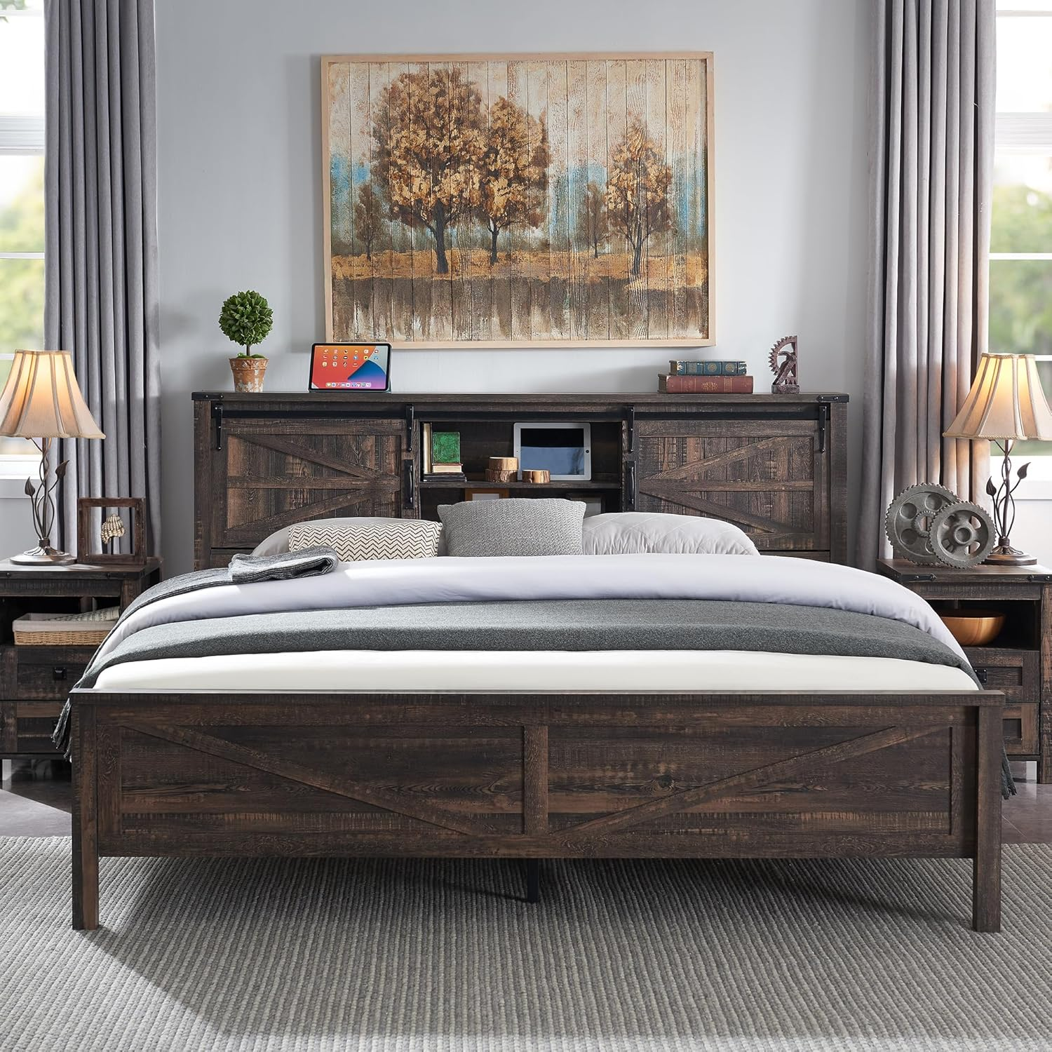 Farmhouse Full Size Bed Frame w/Storage Bookcase Headboard, Sliding Barn Door, Charging Station, Rustic Wood Platform Bed w/Wood Slats Support, No Box Spring Needed, Dark Rustic Oak