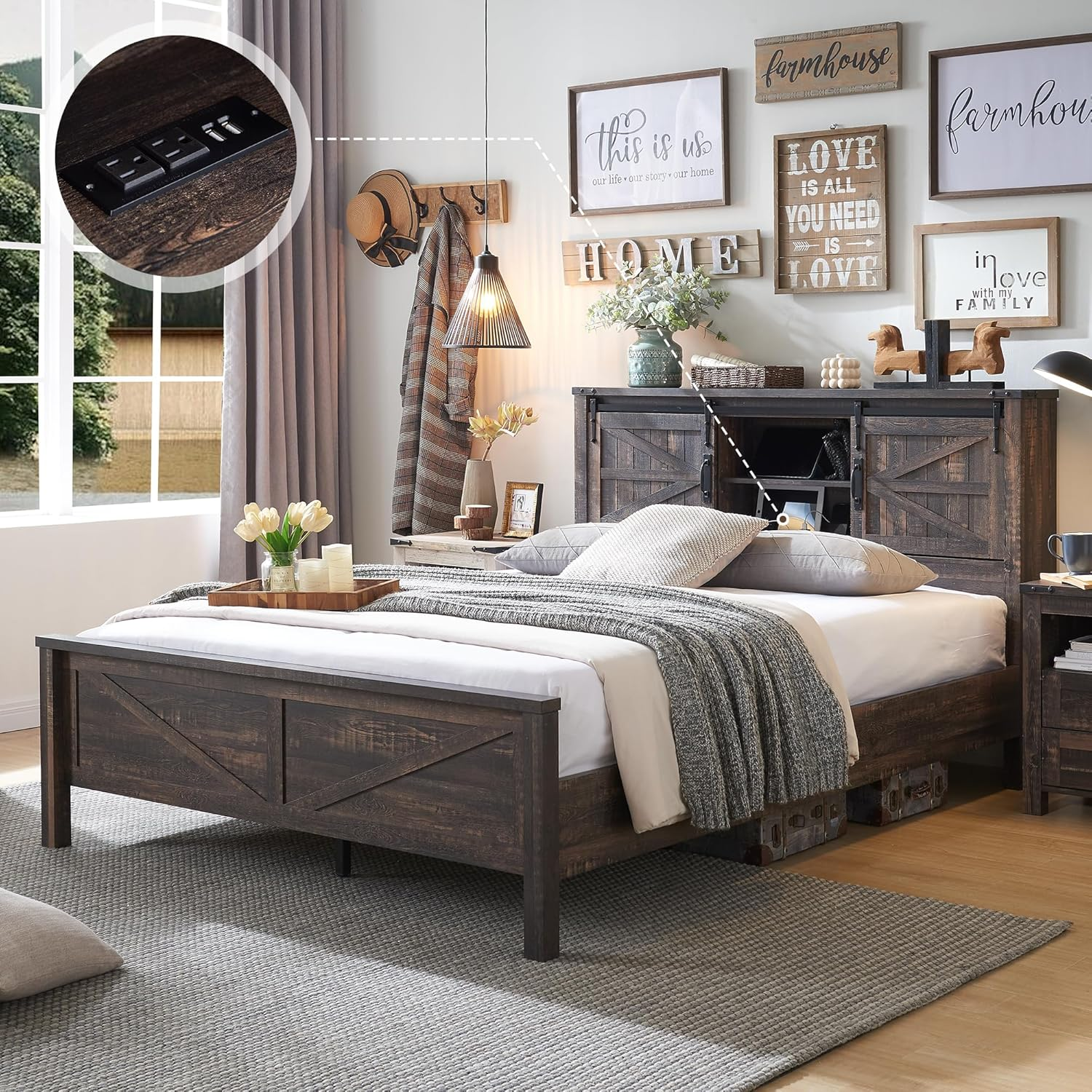 Farmhouse Full Size Bed Frame w/Storage Bookcase Headboard, Sliding Barn Door, Charging Station, Rustic Wood Platform Bed w/Wood Slats Support, No Box Spring Needed, Dark Rustic Oak