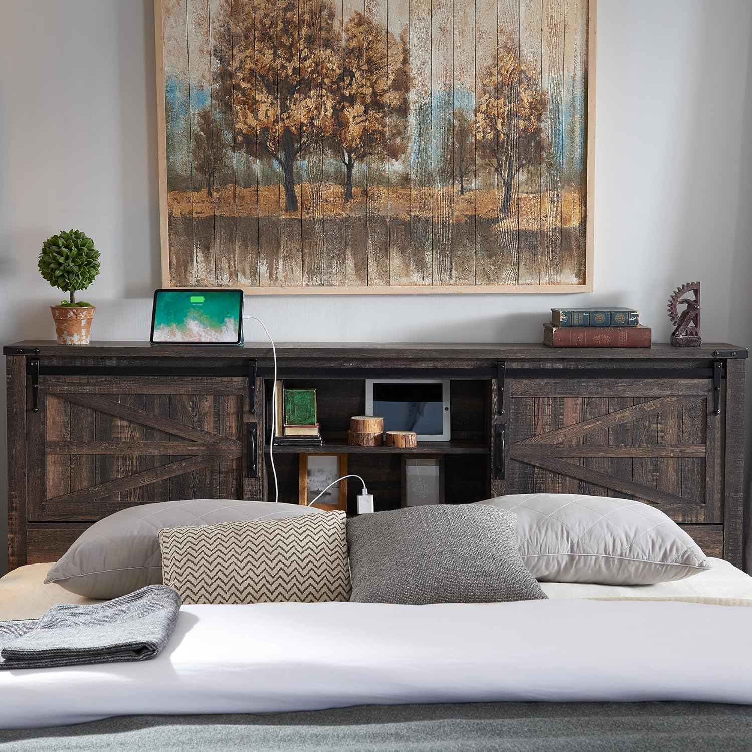 Farmhouse Full Size Bed Frame w/Storage Bookcase Headboard, Sliding Barn Door, Charging Station, Rustic Wood Platform Bed w/Wood Slats Support, No Box Spring Needed, Dark Rustic Oak