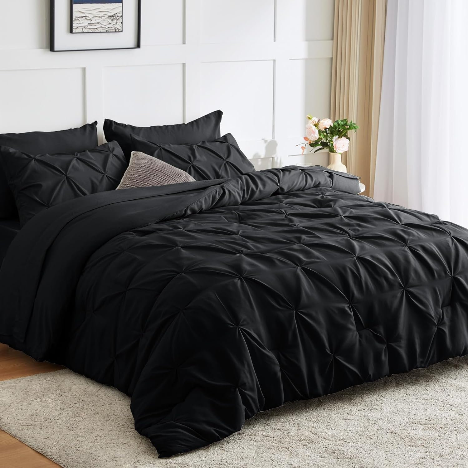 Comforter Set 7 Pieces Bed in A Bag Black Comforters Queen Size Bed Set Pintuck Pinch Pleat Complete Bedding Sets with Comforter, Flat Sheet, Fitted Sheet and Pillowcases & Shams