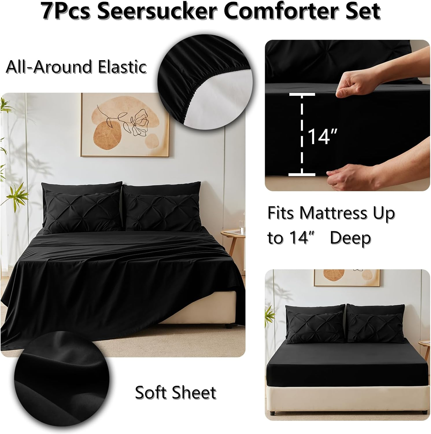 Comforter Set 7 Pieces Bed in A Bag Black Comforters Queen Size Bed Set Pintuck Pinch Pleat Complete Bedding Sets with Comforter, Flat Sheet, Fitted Sheet and Pillowcases & Shams