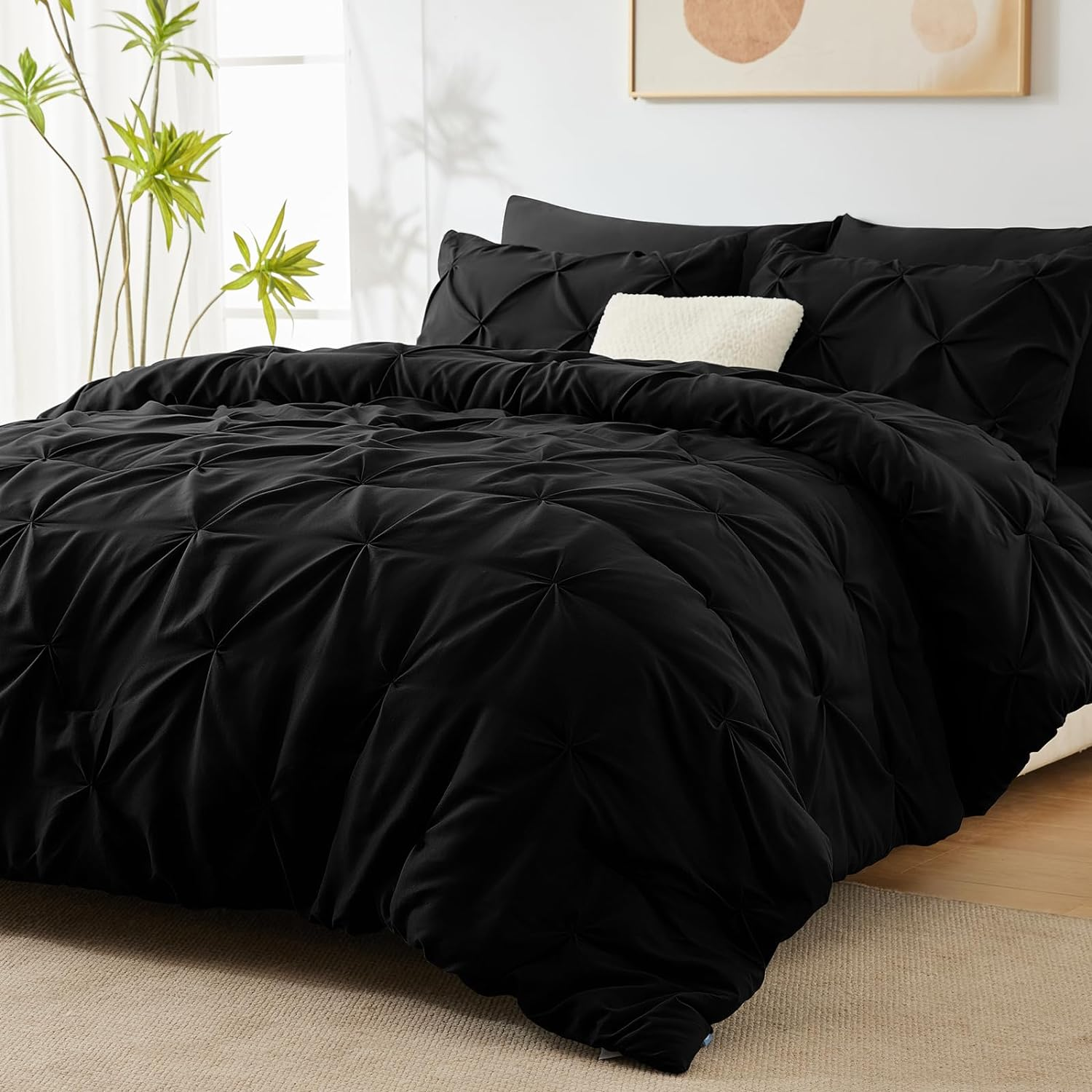 Comforter Set 7 Pieces Bed in A Bag Black Comforters Queen Size Bed Set Pintuck Pinch Pleat Complete Bedding Sets with Comforter, Flat Sheet, Fitted Sheet and Pillowcases & Shams