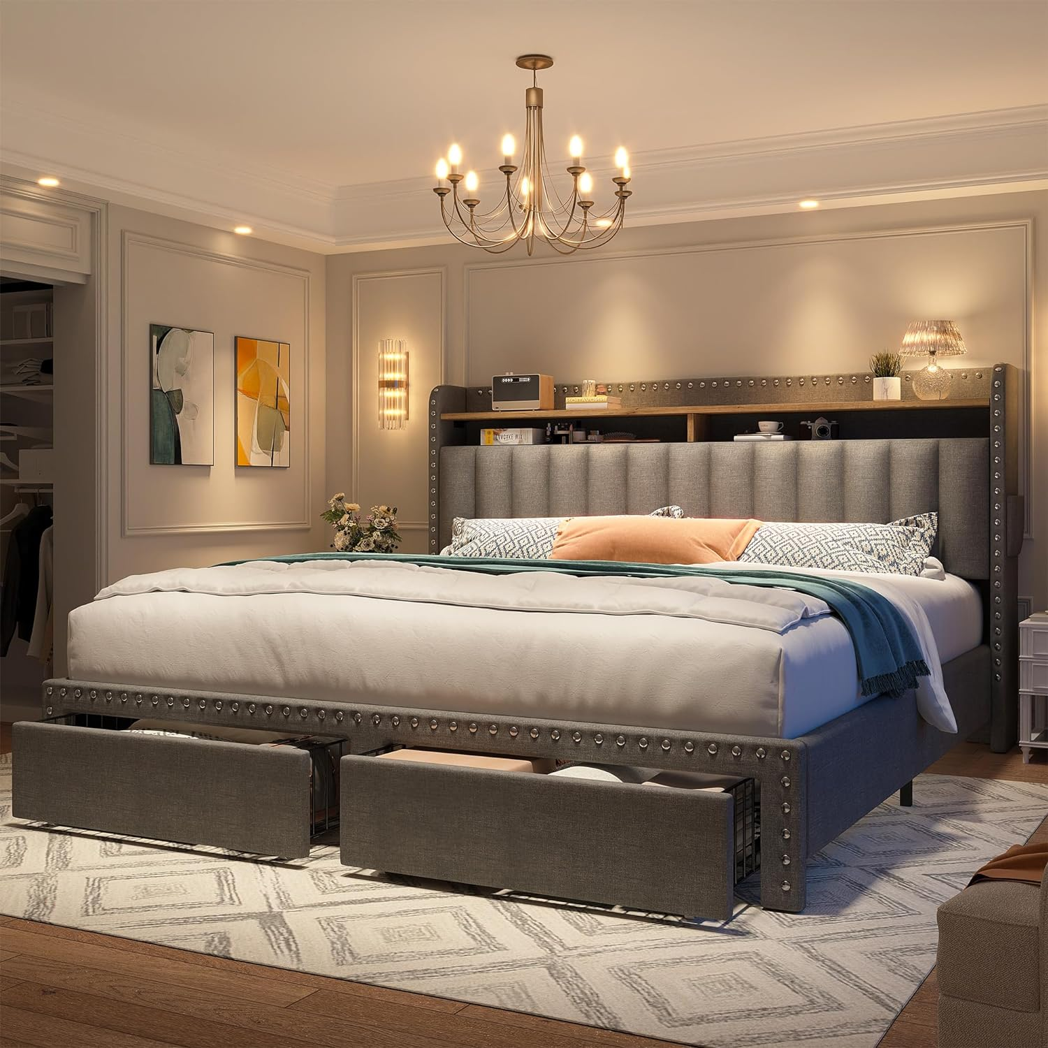 Bed Frame with Headboard and Storage, Upholstered Queen Bed Frame with Storage, Grey Queen Size Bed Frame with 2 Drawers