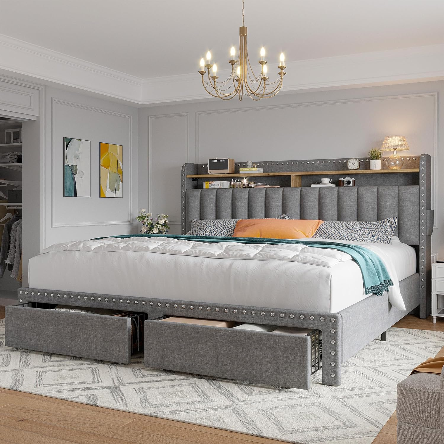 Bed Frame with Headboard and Storage, Upholstered Queen Bed Frame with Storage, Grey Queen Size Bed Frame with 2 Drawers