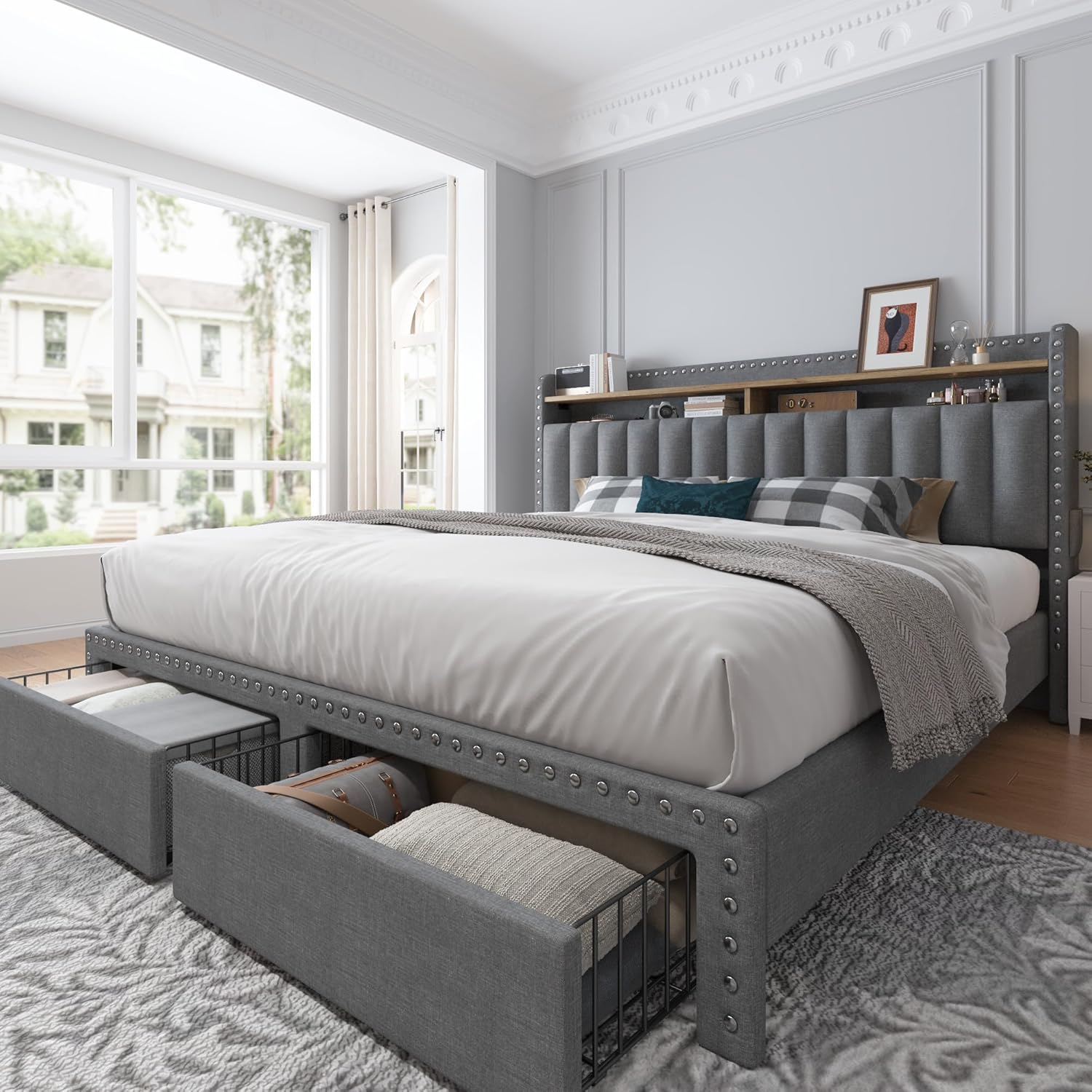 Bed Frame with Headboard and Storage, Upholstered Queen Bed Frame with Storage, Grey Queen Size Bed Frame with 2 Drawers