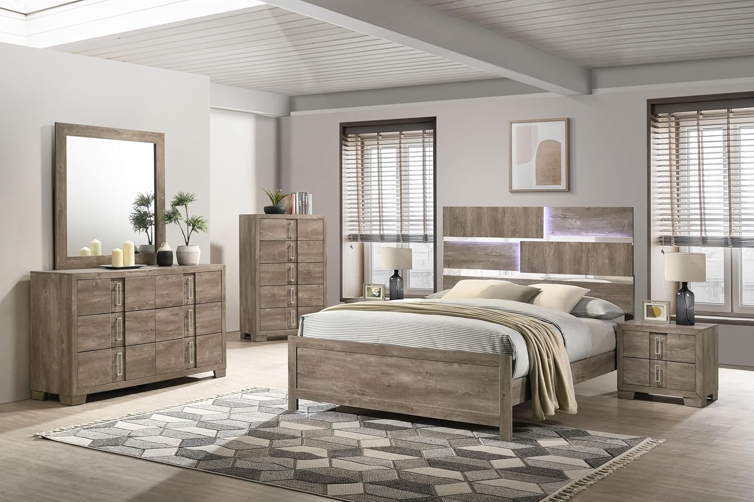 Furniture Dawson Modern 6-Piece King Size Farmhouse Style Bedroom Set in Light Brown Finish - Bed with LED Lights, Dresser, Mirror, Chest & 2 Nightstands