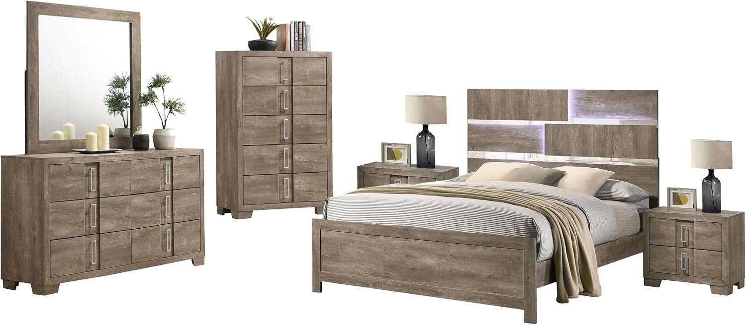 Furniture Dawson Modern 6-Piece King Size Farmhouse Style Bedroom Set in Light Brown Finish - Bed with LED Lights, Dresser, Mirror, Chest & 2 Nightstands