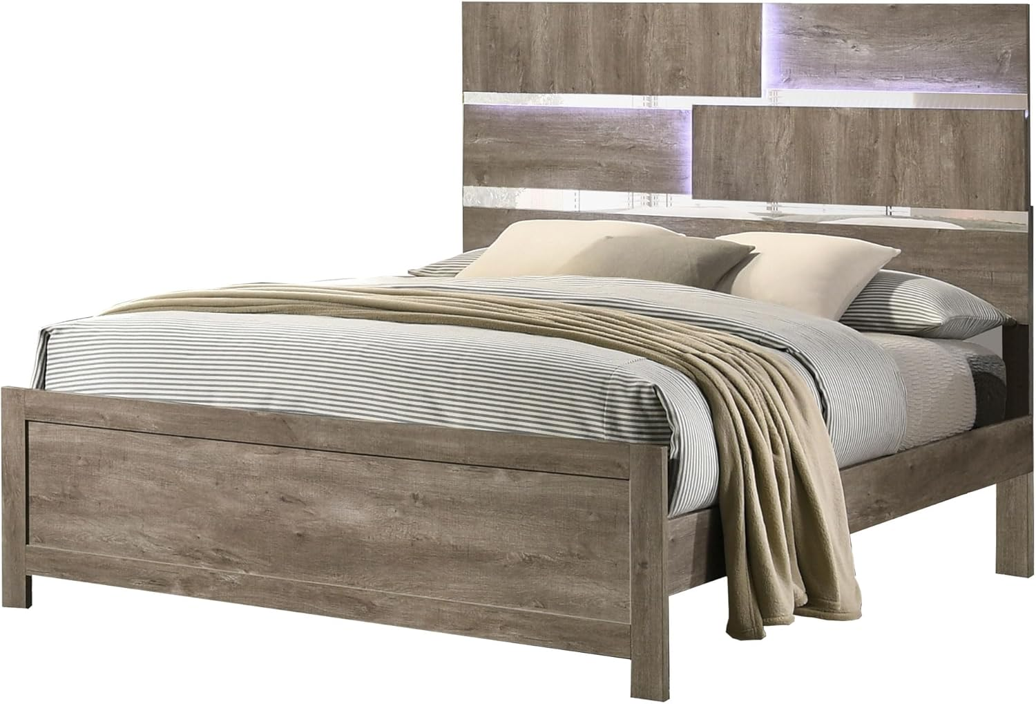 Furniture Dawson Modern 6-Piece King Size Farmhouse Style Bedroom Set in Light Brown Finish - Bed with LED Lights, Dresser, Mirror, Chest & 2 Nightstands