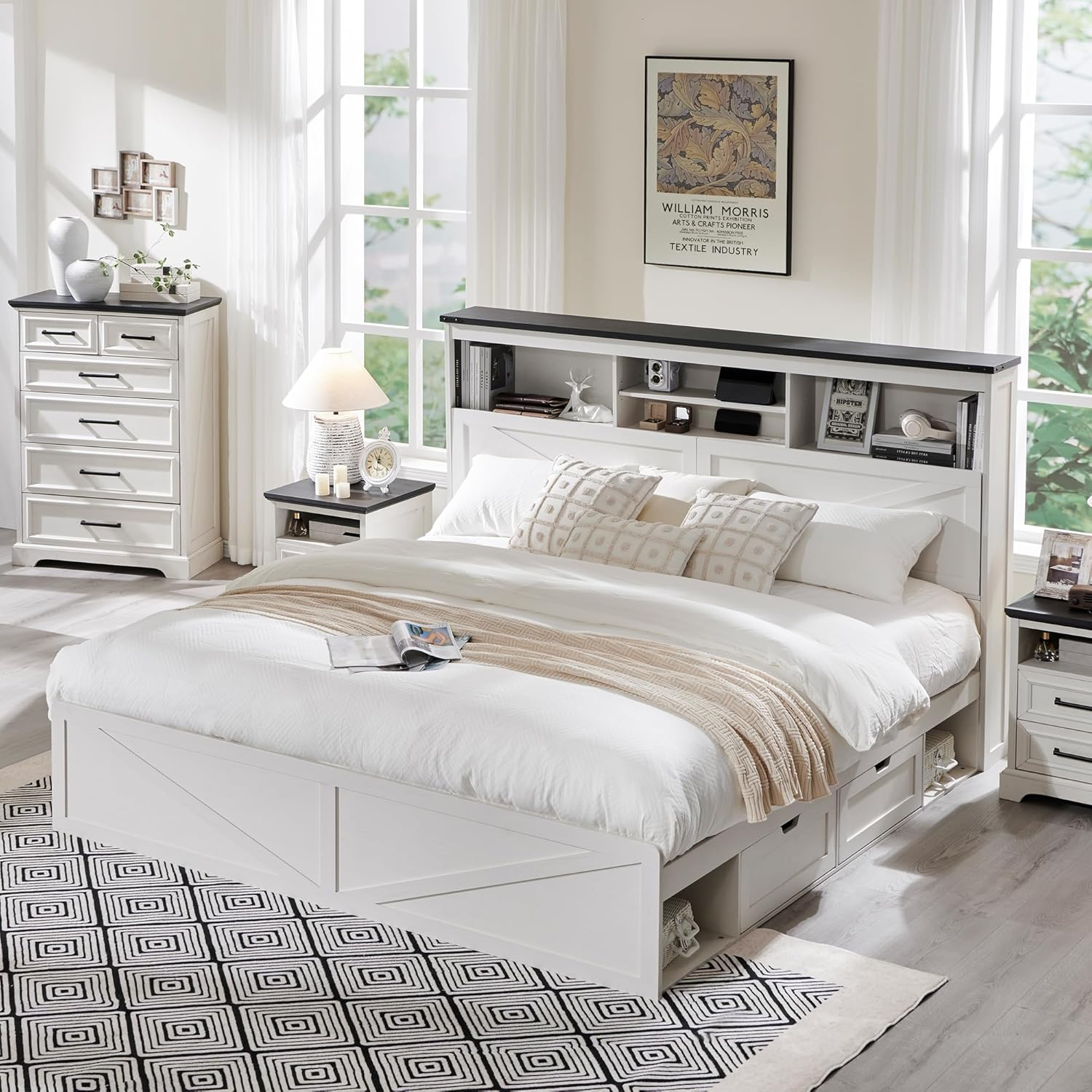 Farmhouse King Size Wood Bed Frame with 52" Tall Storage Headboard and 4 Drawers,LED Light,Charging Station,Solid Wood Slats Support,Noiseless