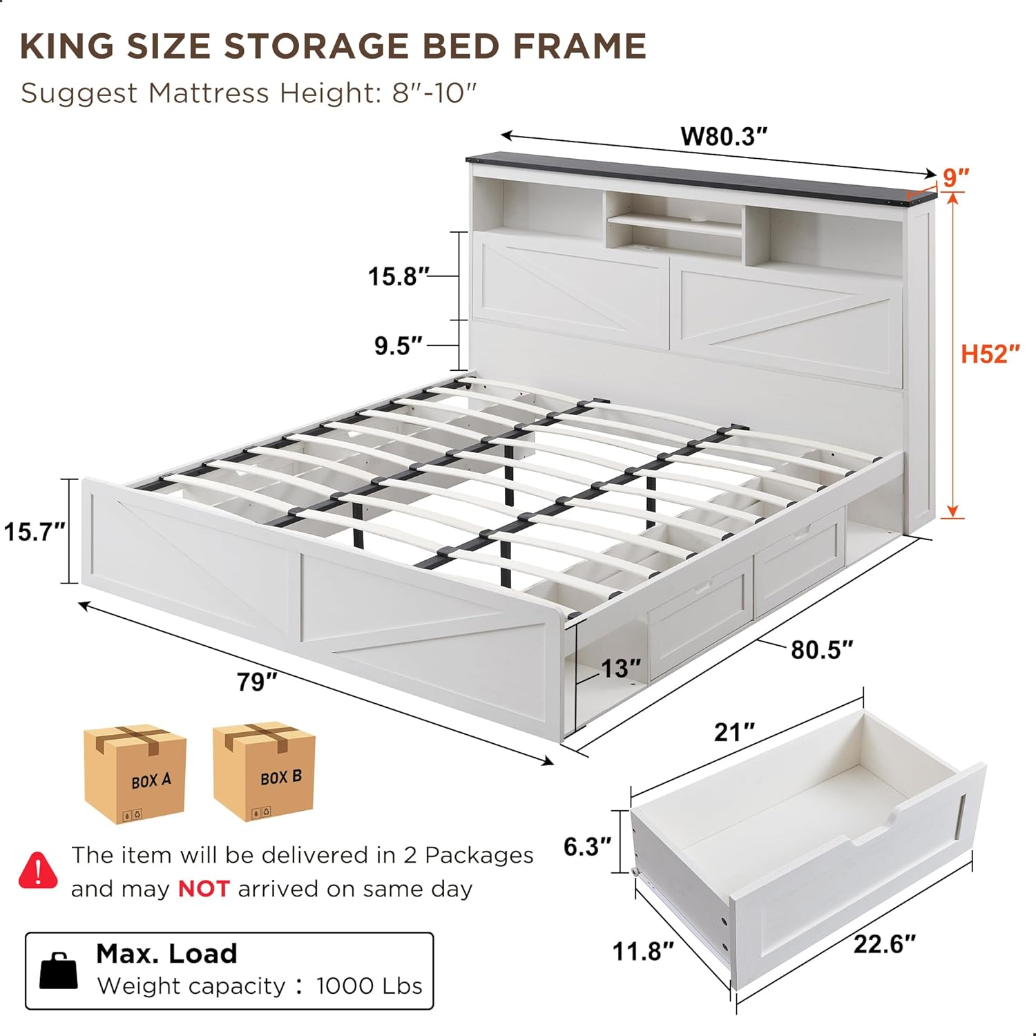 Farmhouse King Size Wood Bed Frame with 52" Tall Storage Headboard and 4 Drawers,LED Light,Charging Station,Solid Wood Slats Support,Noiseless