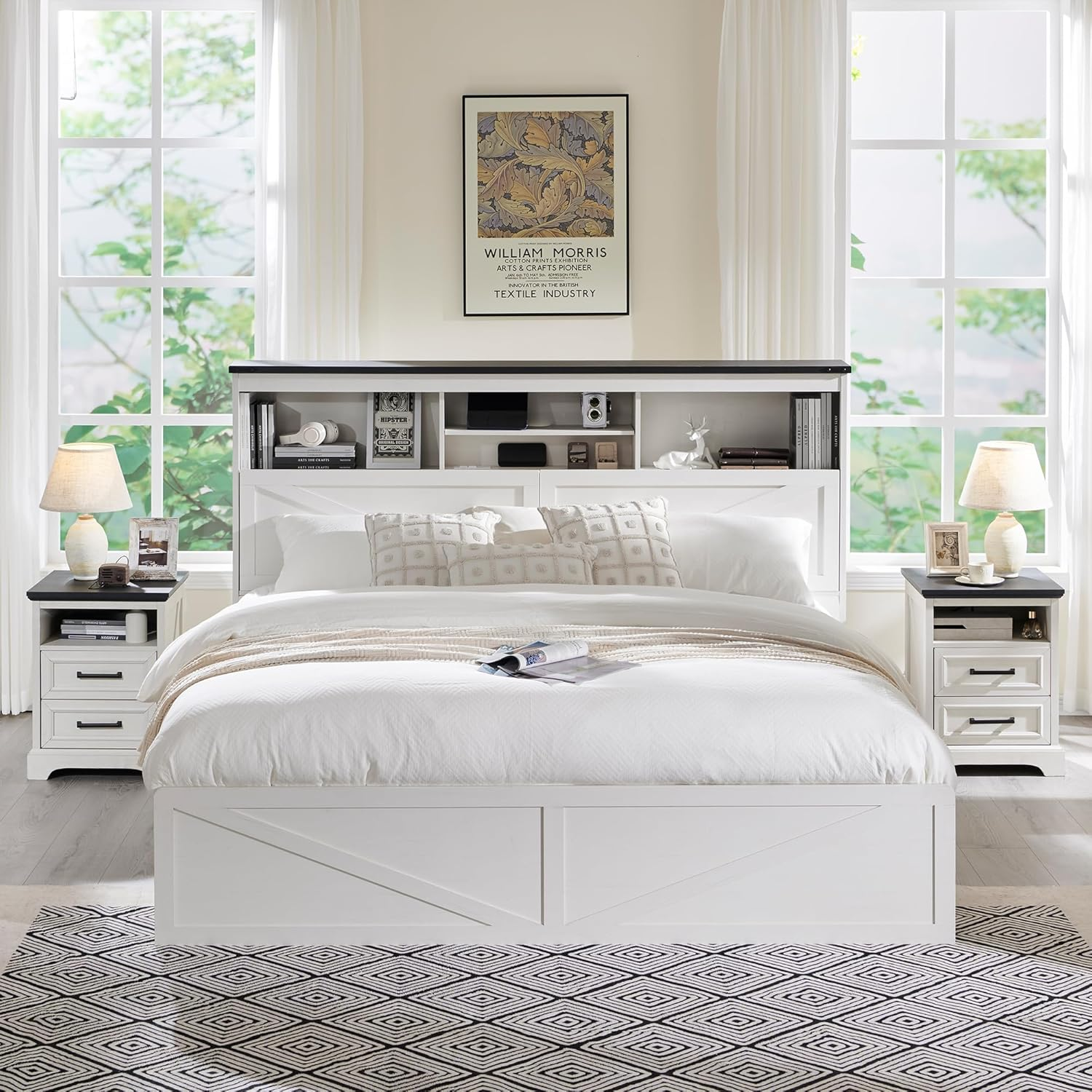 Farmhouse King Size Wood Bed Frame with 52" Tall Storage Headboard and 4 Drawers,LED Light,Charging Station,Solid Wood Slats Support,Noiseless