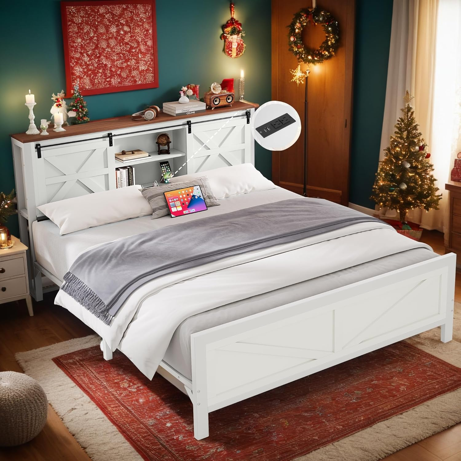 Farmhouse Queen Size Bed Frame with Headboard, Bookcase Storage Shelves, Sliding Barn Door, Charging Station, Rustic Wood Platform Bed, No Box Spring Needed, White