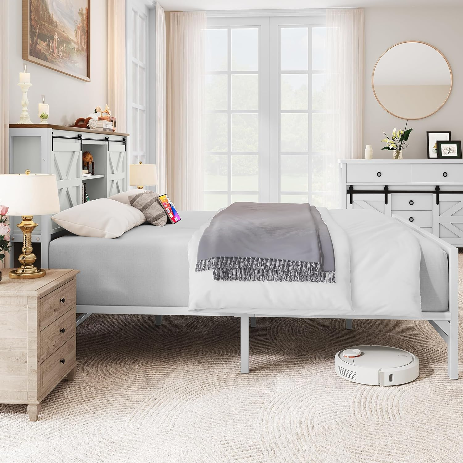 Farmhouse Queen Size Bed Frame with Headboard, Bookcase Storage Shelves, Sliding Barn Door, Charging Station, Rustic Wood Platform Bed, No Box Spring Needed, White