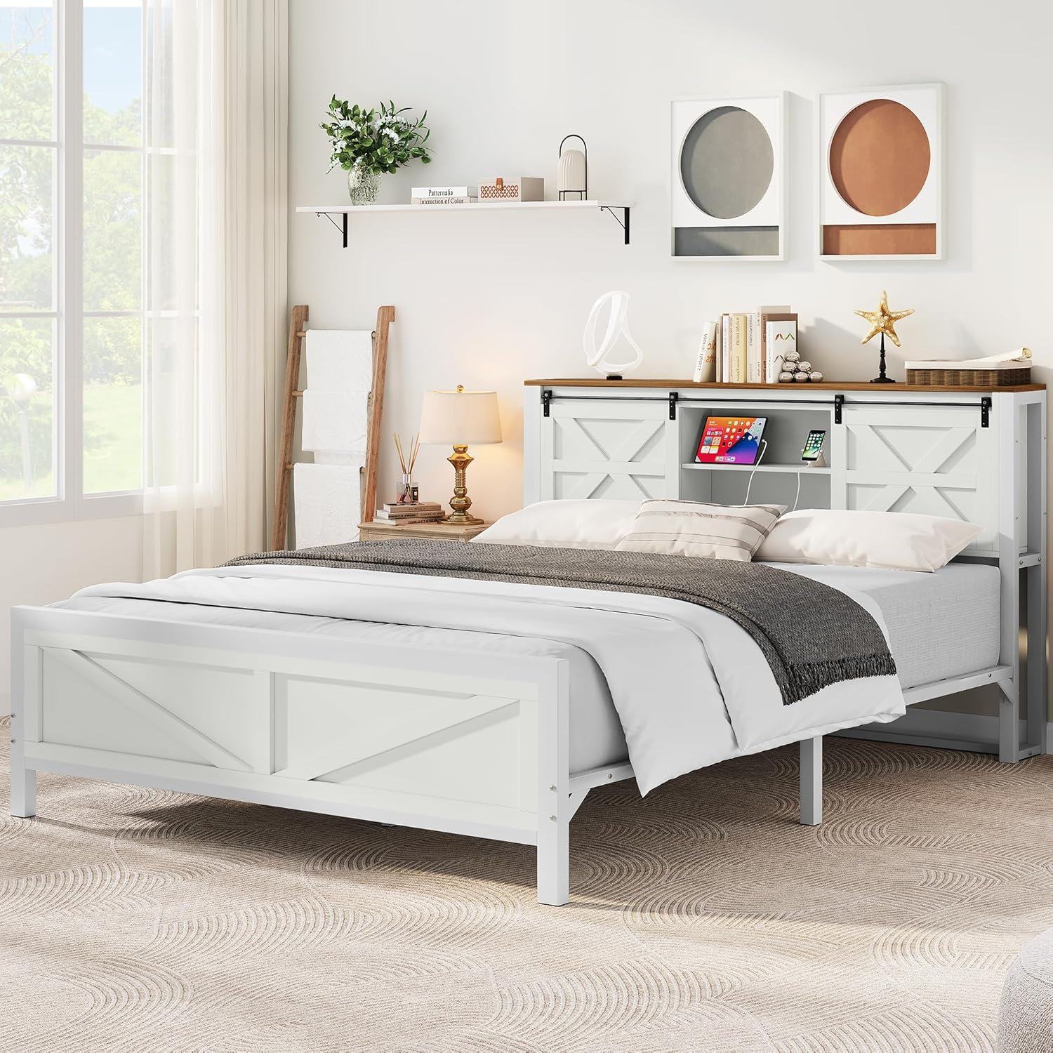 Farmhouse Queen Size Bed Frame with Headboard, Bookcase Storage Shelves, Sliding Barn Door, Charging Station, Rustic Wood Platform Bed, No Box Spring Needed, White