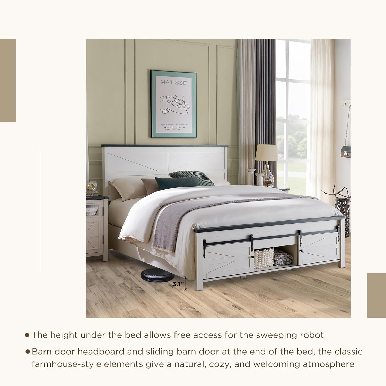 Farmhouse Wood Bed Frame Queen Size with Sliding Barn Door Storage Cabinets and Headboard, Solid Wood Slats Support, Noiseless