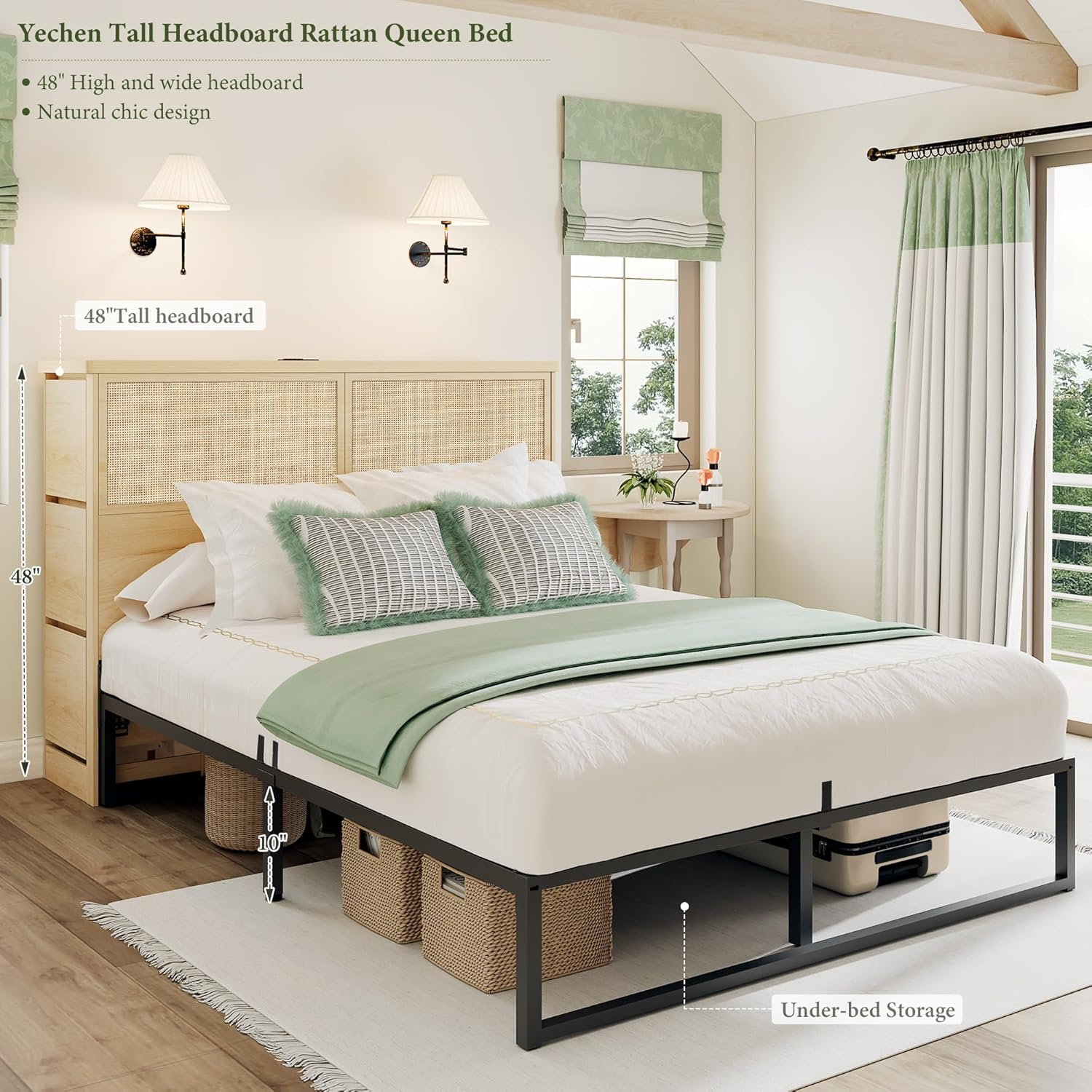 48" Natural Rattan Queen Bed with 6 Storage Headboard Drawers, Tall Boho Bed Frame Sturdy Steel Stand and Charging Station, Cane Metal Storage Platform Bed