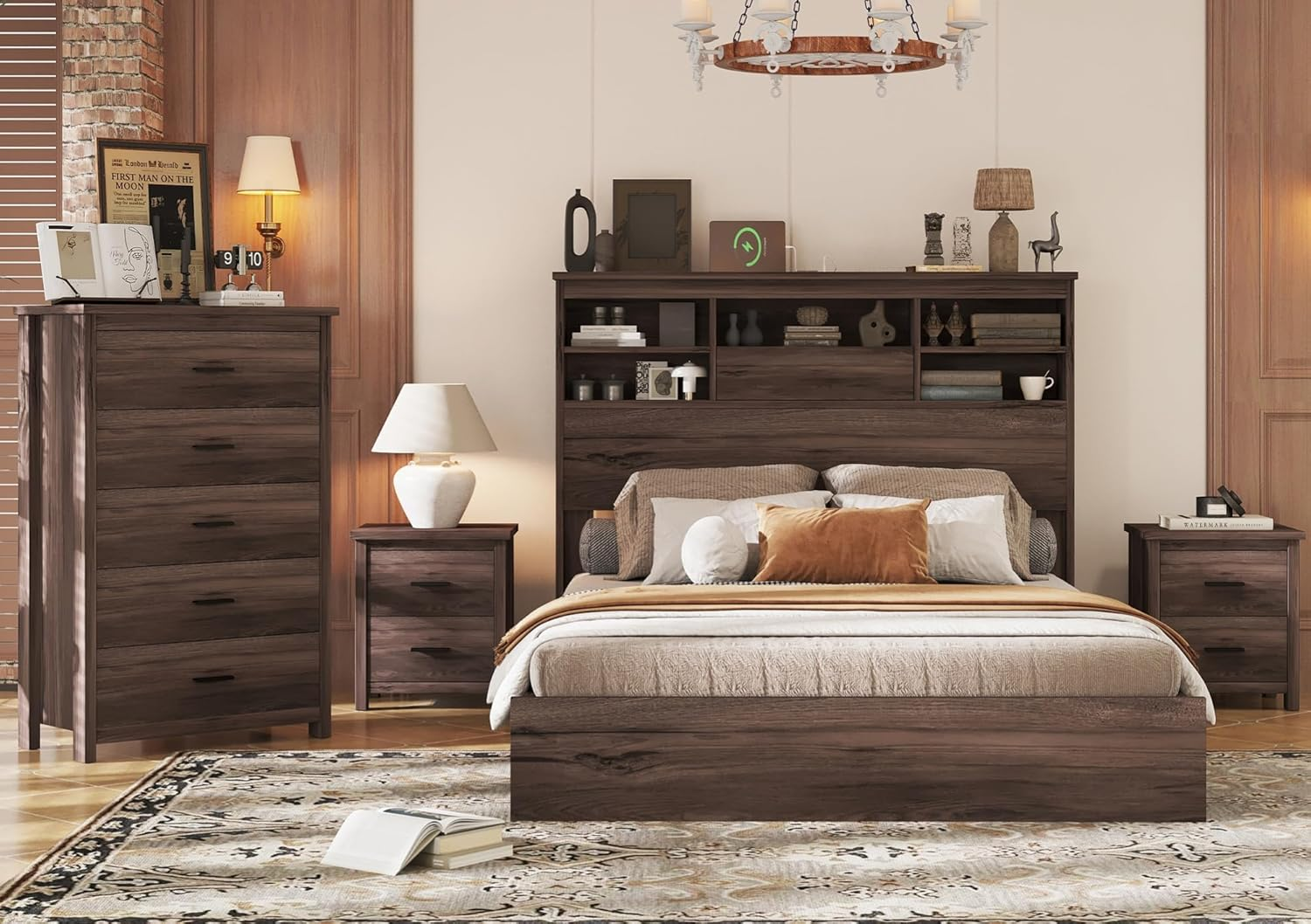 Bed Frame Dresser Night Stand Bedroom Set, Platform with USB Charging Ports Storage Headboard & 1 x 5 Drawers Cabinet & 2 x Nightstands, Wooden, Walnut