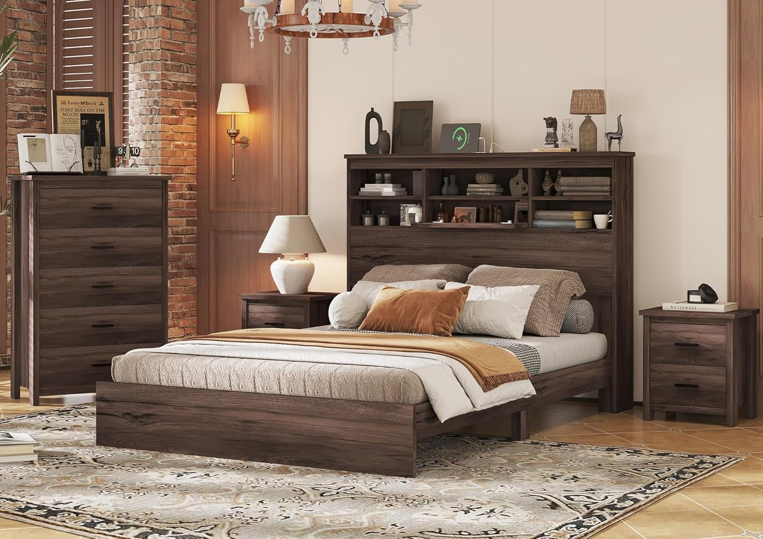 Bed Frame Dresser Night Stand Bedroom Set, Platform with USB Charging Ports Storage Headboard & 1 x 5 Drawers Cabinet & 2 x Nightstands, Wooden, Walnut