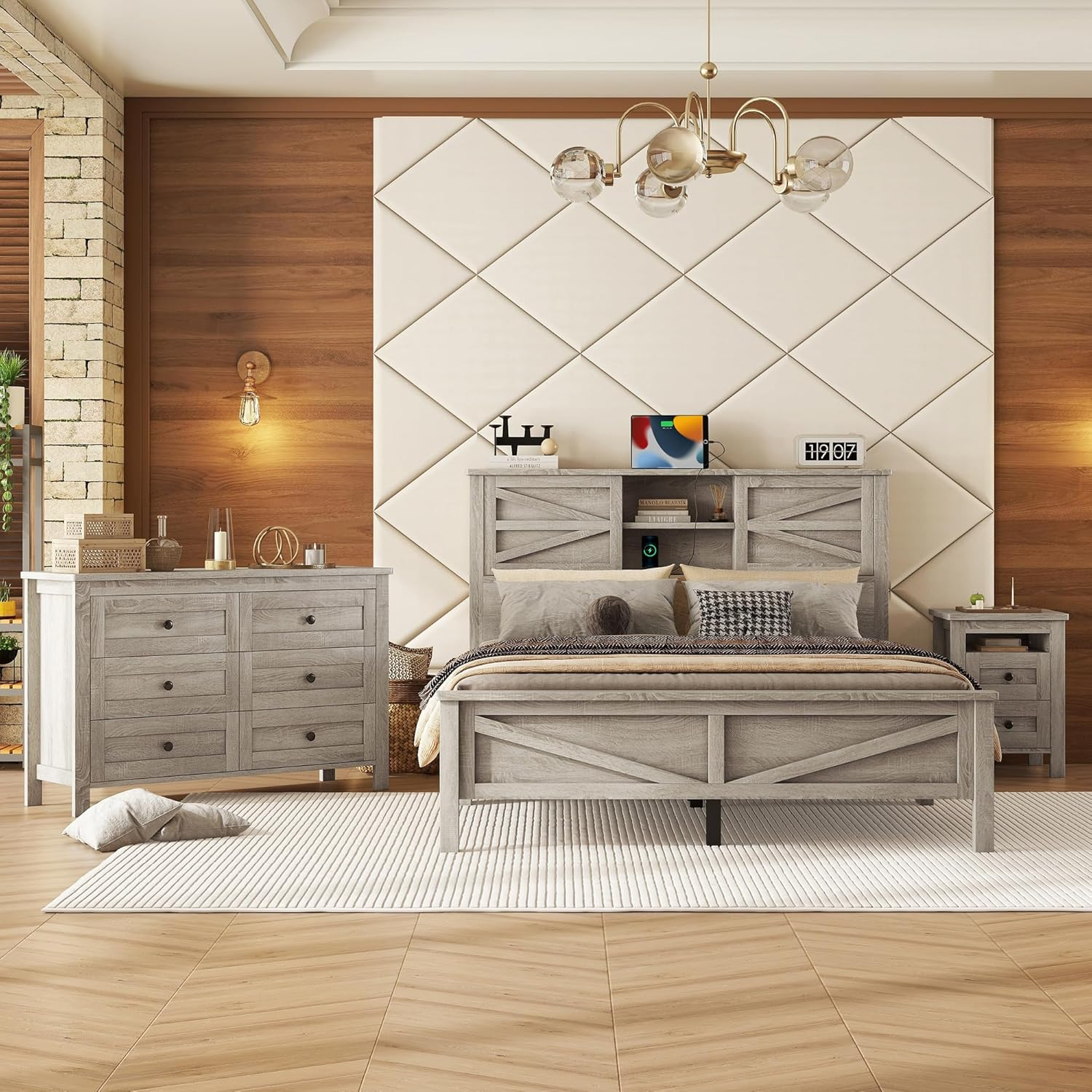 3-Pieces Bedroom Sets, Farmhouse Platform Bed, Storage Nightstand and Dresser, Bedframe with Double Sliding Door Storage Headboard and Charging Station, Antique Gray, Queen Size
