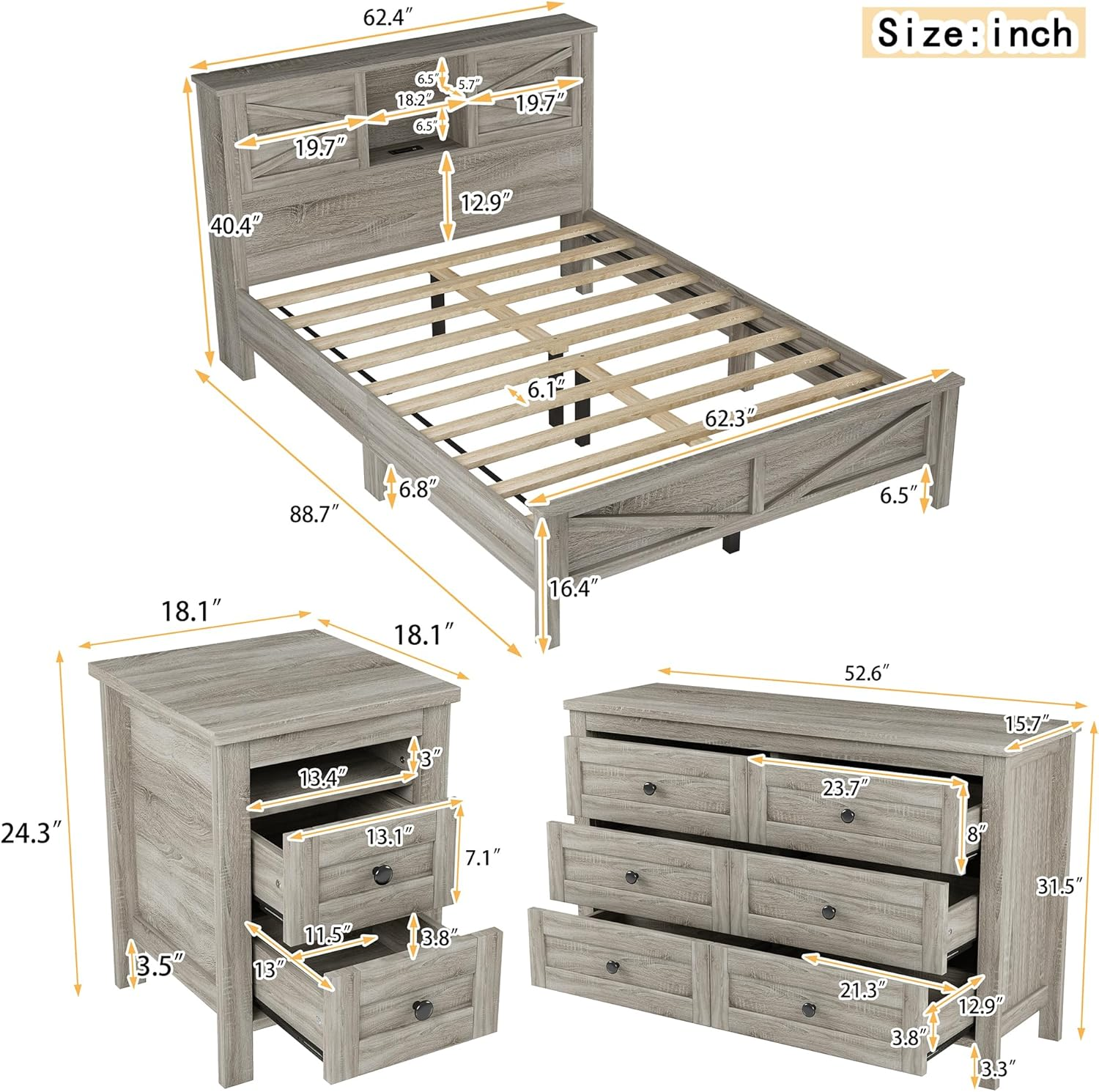 3-Pieces Bedroom Sets, Farmhouse Platform Bed, Storage Nightstand and Dresser, Bedframe with Double Sliding Door Storage Headboard and Charging Station, Antique Gray, Queen Size