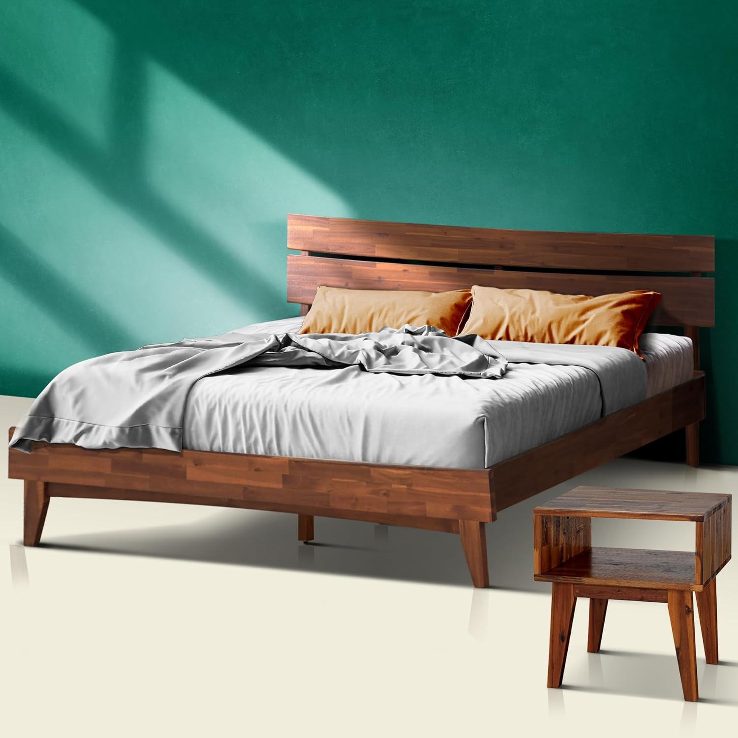2-Pcs King Bedroom Set – Solid Wood Bed Frame with Headboard & Matching Nightstand, Mid-Century Modern Farmhouse, Walnut Finish, 800 lbs Capacity, Sturdy, No Box Spring, Easy Assembly