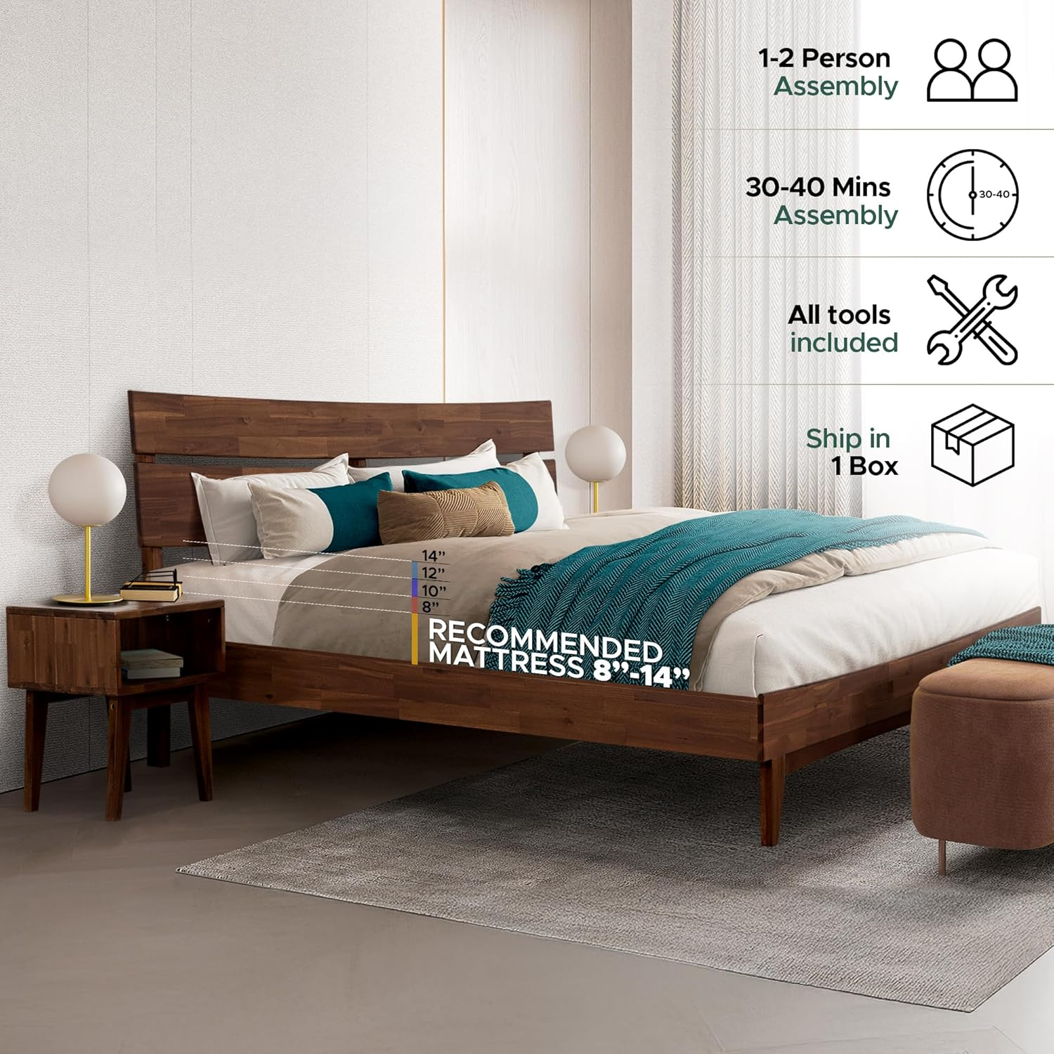 2-Pcs King Bedroom Set – Solid Wood Bed Frame with Headboard & Matching Nightstand, Mid-Century Modern Farmhouse, Walnut Finish, 800 lbs Capacity, Sturdy, No Box Spring, Easy Assembly