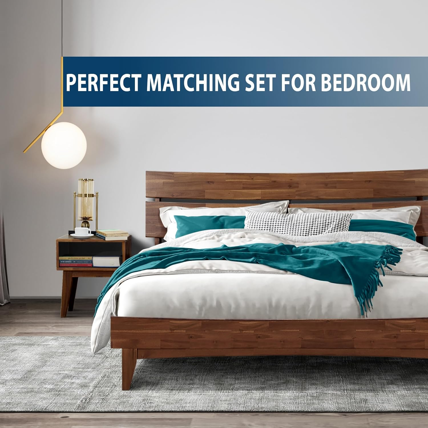2-Pcs King Bedroom Set – Solid Wood Bed Frame with Headboard & Matching Nightstand, Mid-Century Modern Farmhouse, Walnut Finish, 800 lbs Capacity, Sturdy, No Box Spring, Easy Assembly
