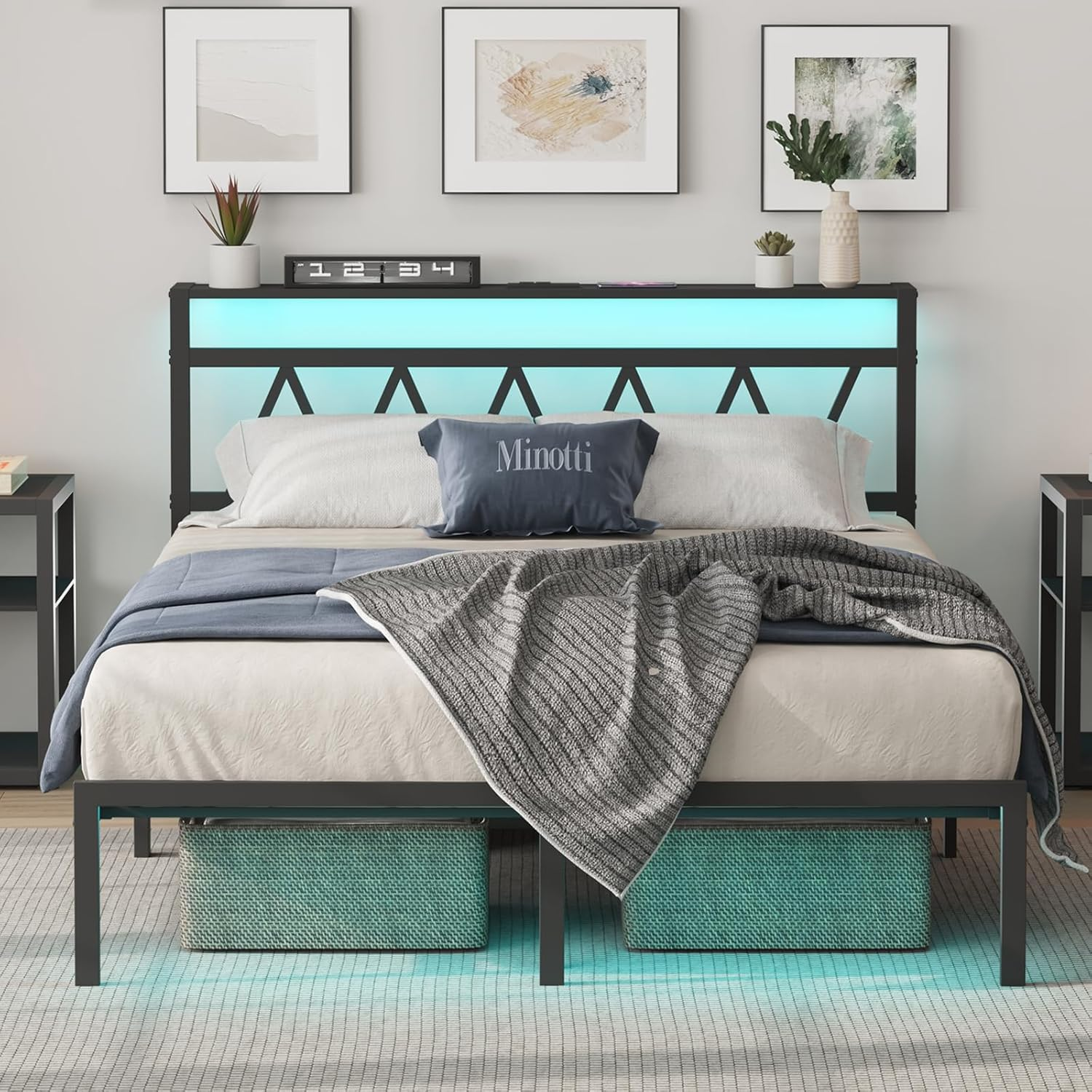 Full Bed Frame with Smart LED Lights, Storage Headboard and USB Charging Station,Heavy Duty Wooden Slats, No Box Spring Needed